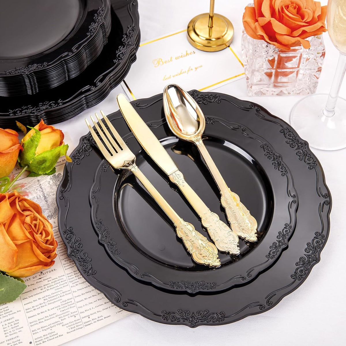 DaYammi 150Pcs Black Plastic Plates & Gold Plastic Silverware,Black Disposable Plates Set Include 30 Dinner Plate, 30 Dessert Plate,30 Golden Knives,30 Gold Forks,30 Golden Spoons for New Year Party