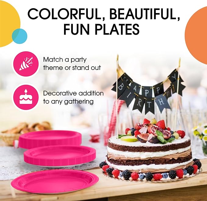 Exquisite Hot Pink Paper Plates Disposable Heavy Duty 100 Pcs - 50-7" & 50-9" Hot Pink Disposable Plates For Party Heavy Duty Paper Plate 350 GSM Birthday Party Supplies Plate Set