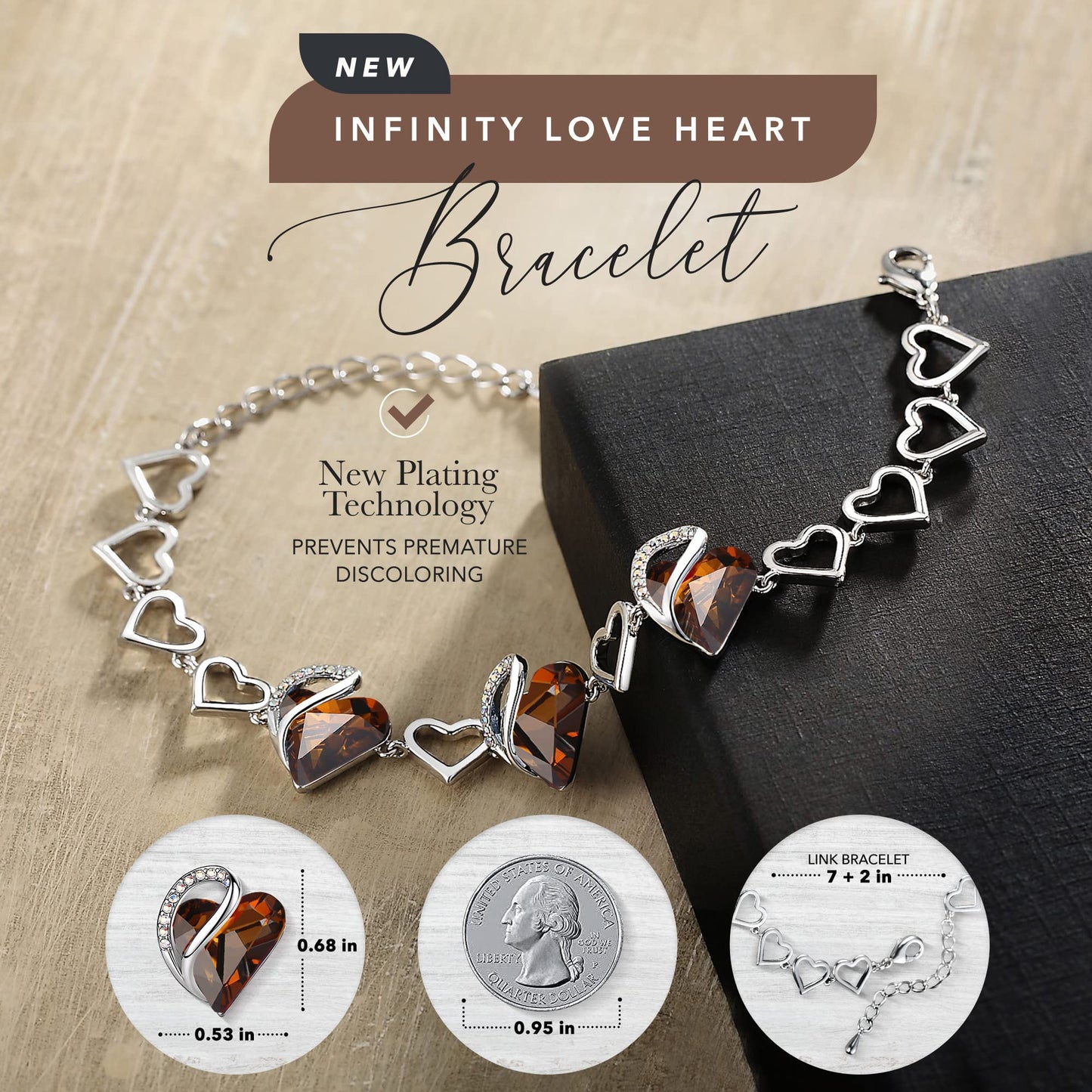Leafael Infinity Love Heart Gift Bracelet for Women, Birthstone Crystal, Healing Stone for Stress Relief, Dark Topaz Brown, Silver Tone, 7-inch Chain and 2-inch Extender