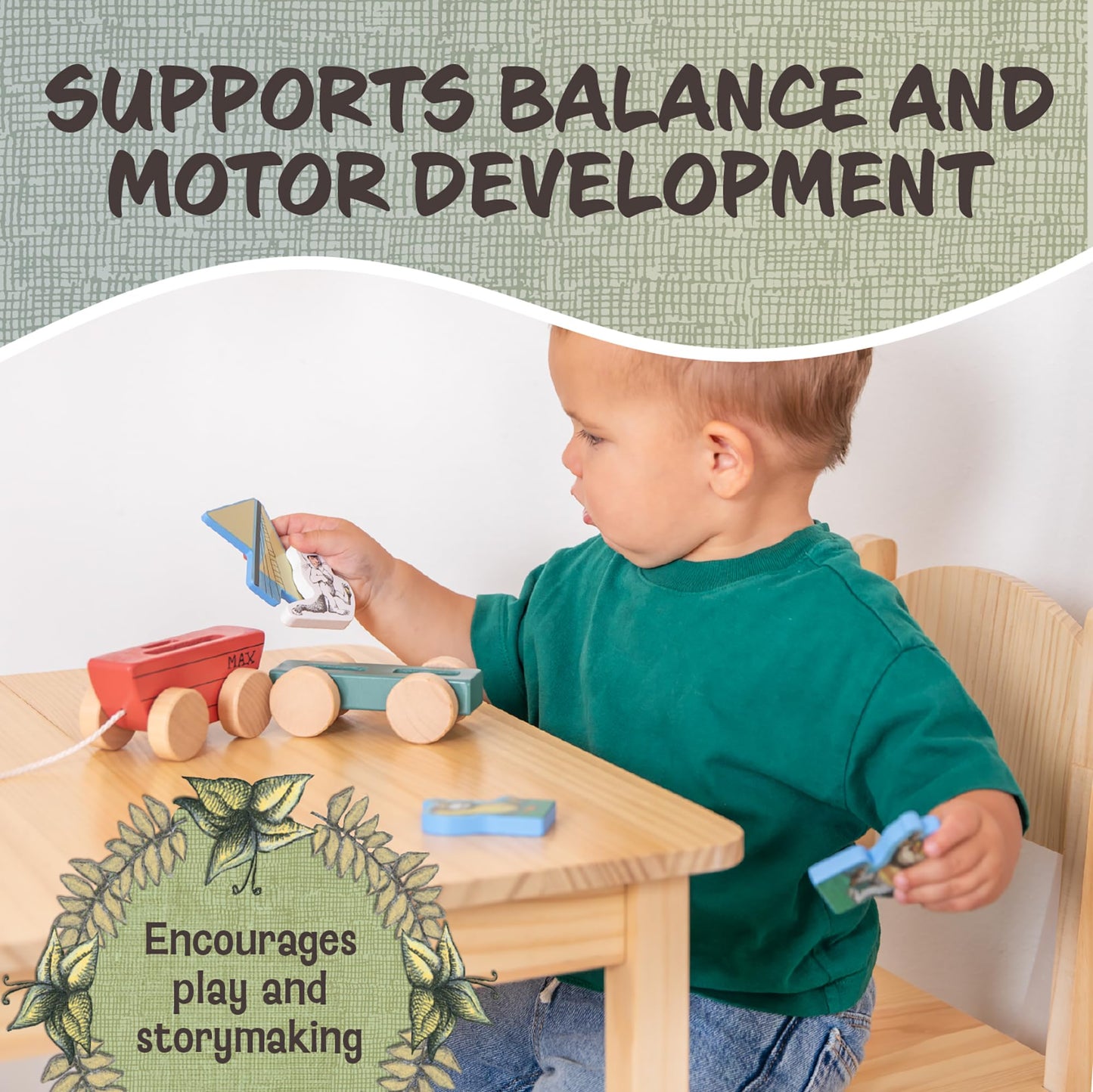 Kids Preferred Where The Wild Things are Wooden Pull Toy - Four Removable Pieces, Cotton Pull String, Ages 12 Months and Up, Max Moishe and Tzippy, Solid Wood, 8 in