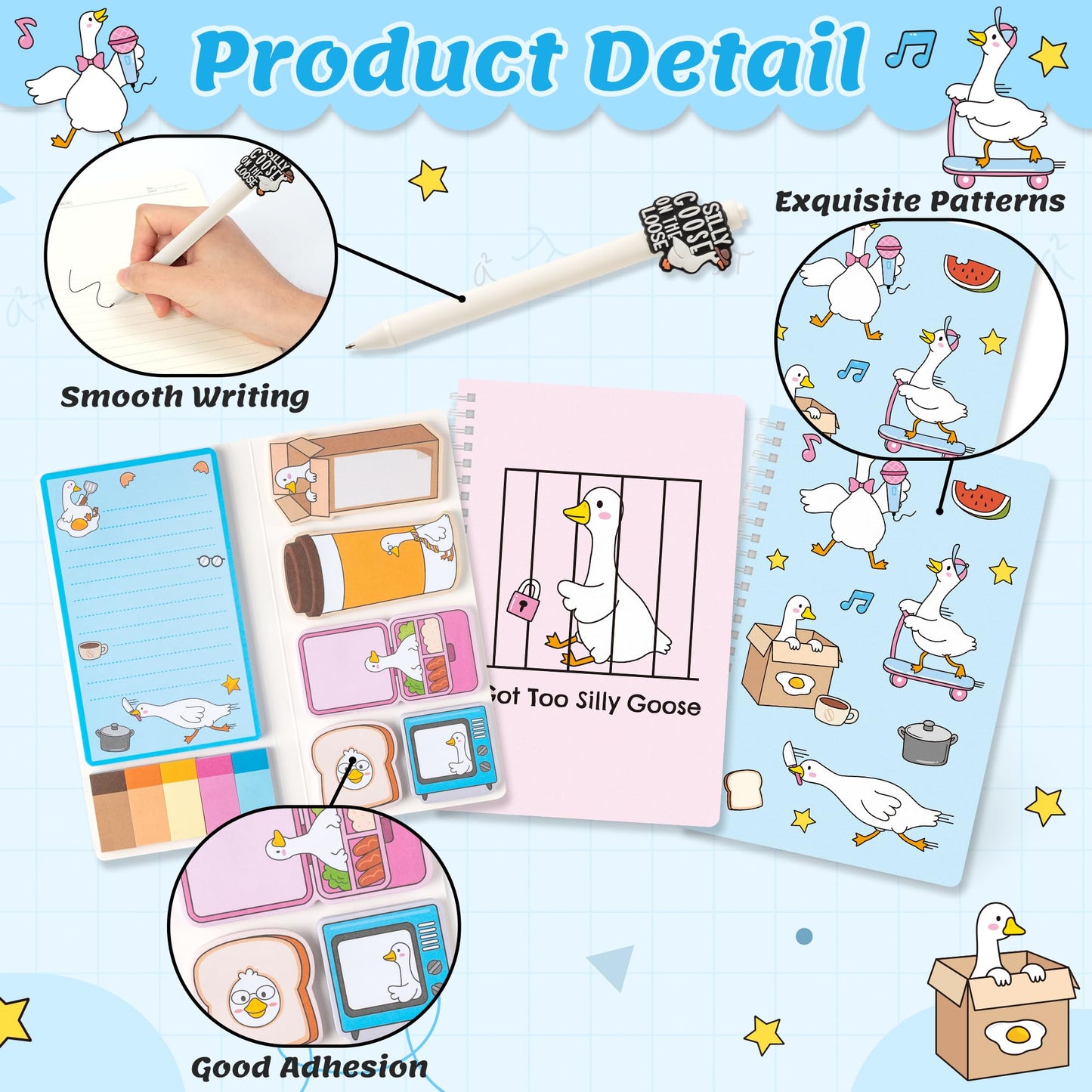 B1ykin Teacher Appreciate Stationery Gift Set - 3Pcs Got Too Silly Goose A5 Spiral Notebook & 550 Sheets Sticky Notes with Pen, Back to School Gift with Box for School Students Office (Funny Goose)