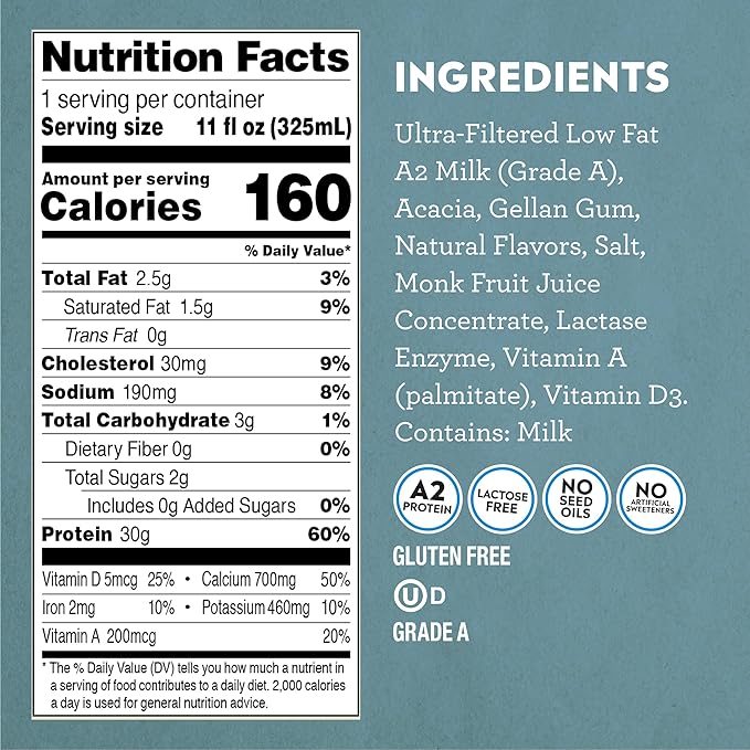 Pioneer Pastures - High Protein A2 Milkshakes - Vanilla - A2 Nutritional Milk, 30g Protein, 2g Sugar, No Sweeteners, No Seed Oils - All-Natural, Breakfast Shake, Meal Replacement, Workout - 11oz, 12 Pack