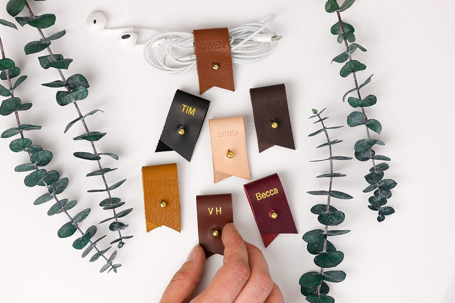 Keyaiira - Personalized Leather Cable Holder with Gold Closure - laptop charging cord keeper customized wire organizer monogram gift ideas tech and travel accessories earbud holder stocking stuffer