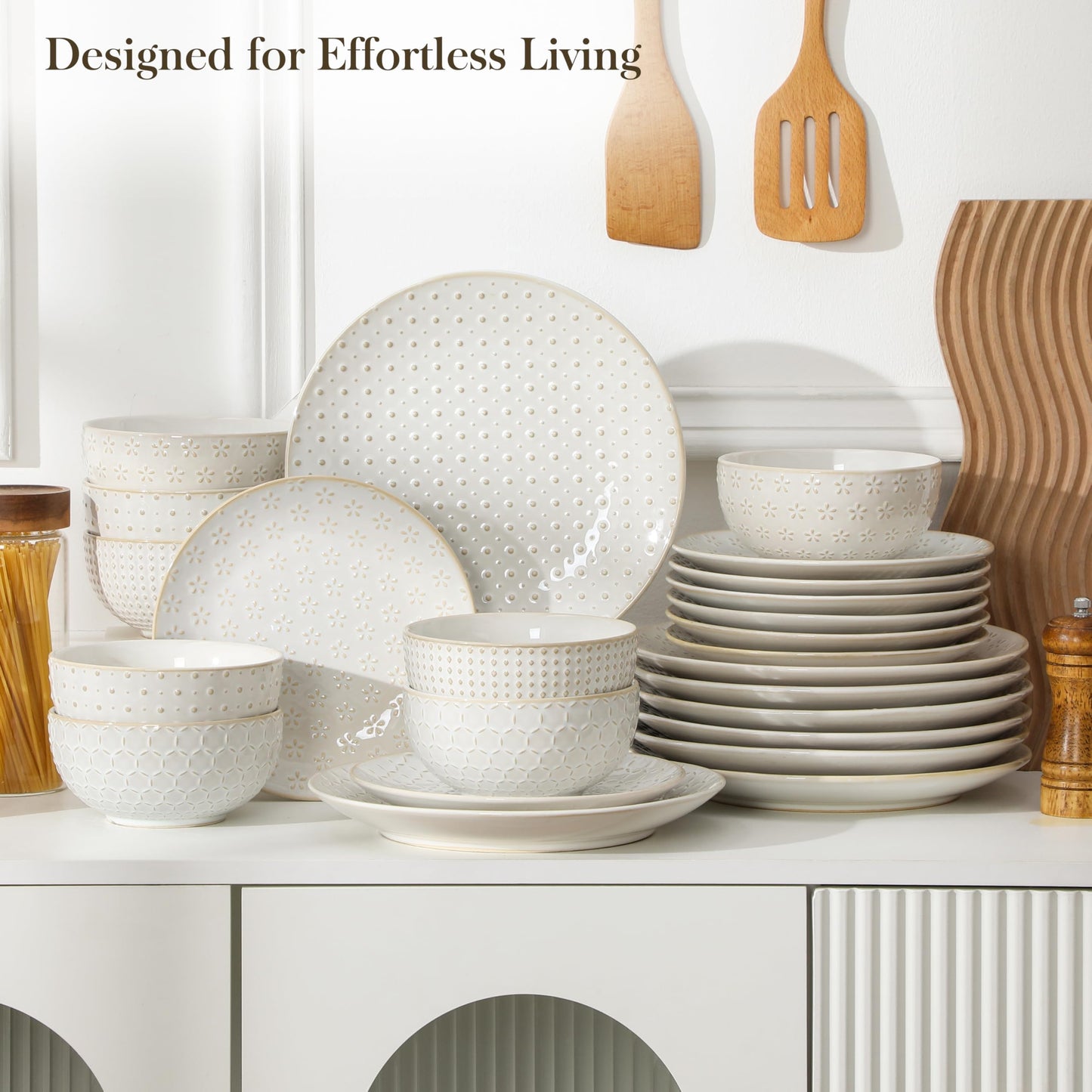 MALACASA 24 Piece Dinnerware Set, Embossed Ceramic Dish Sets Service for 8, Plates and Bowls Set, Durable Stoneware Tableware for Family Dinners, Dishwasher & Microwave Safe