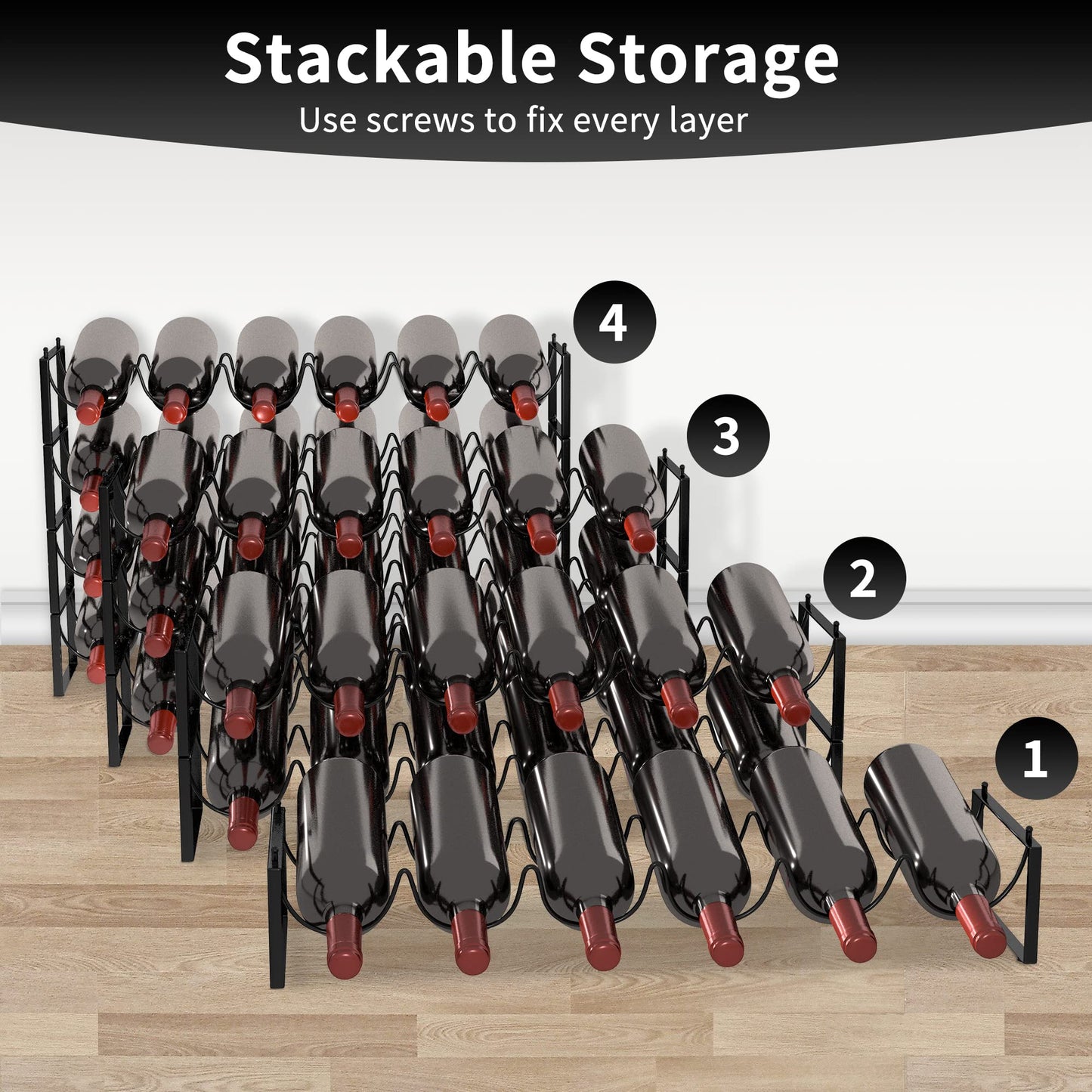 TONLEA 4 Tier Wine Rack - 3-in-1, Stackable, 24-Bottle Wine Storage Rack for Cabinet or Pantry (Dark Black, Version 3.0)
