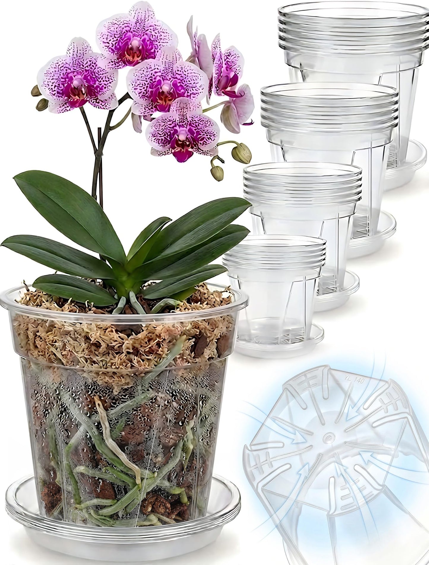 Olsury Clear Nursery Pots with Drainage: Stop Root Rot via Side-Bottom Vents & 1-Second Root Check - Heavy Duty Plastic Pots for Indoor Repotting, Orchids & Aroids (20 Pack with Saucers, 4-6 Inch)