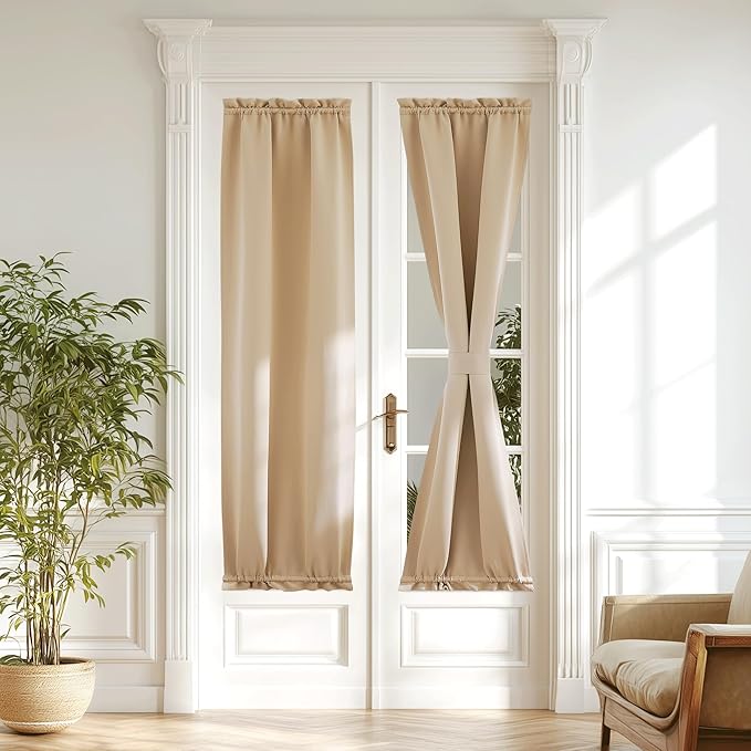 NICETOWN French Door Curtain - Blackout Drape Energy Saving Thermal Insulated Drapery/Front Door Panel for Kitchen Including Adjustable Tie Back, 20 by 72 inch, 1 PC, Biscotti Beige