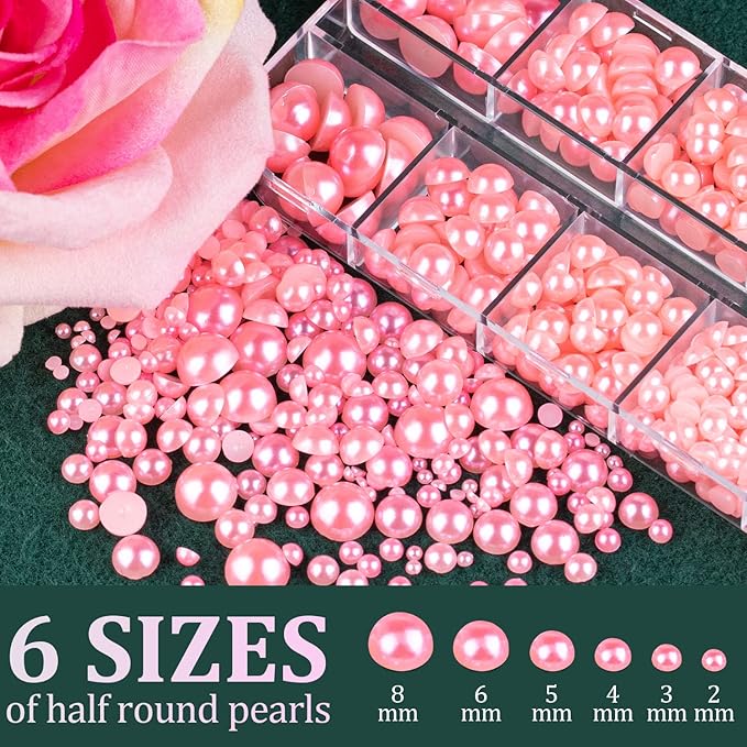 Belleboost Flat Back Pearls Kits 3 Boxes of Flatback Pink Half Round Pearls with Pickup Pencil and Tweezer for Home DIY and Professional Nail Art, Face Makeup and Craft
