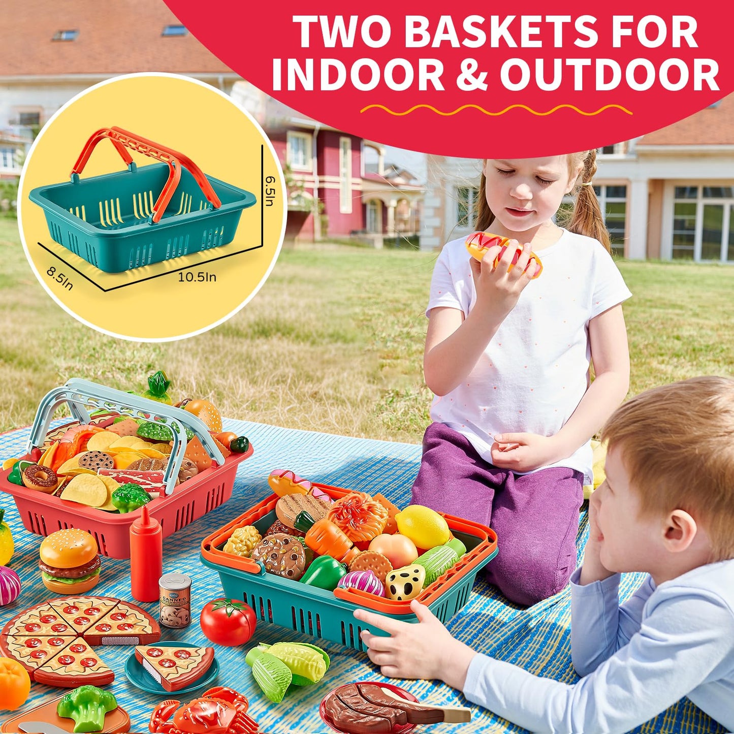 Comirth Play Food Sets for Kids Kitchen-80PC Pretend Food with 2 Kids Picnic Basket, Toy Food with Pizza Toy, Plastic Food Cutting Toys, Play Kitchen Accessories - Fake Food, Boys Girls Toddlers Gifts