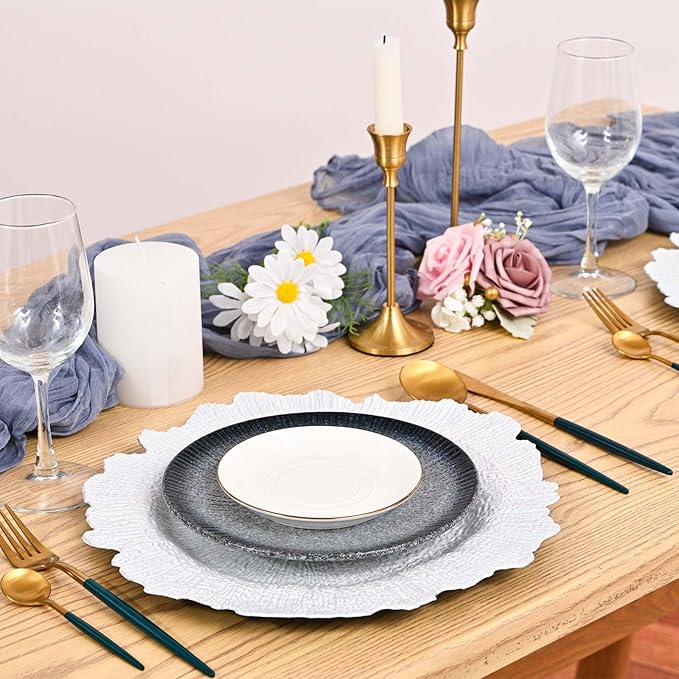 Pesonlook 50Pcs White Charger Plates Round 13inch, Reef Plate Chargers for Dinner, Bulk Plastic Floral Table Plates for Dinner Wedding Party Event Table Setting Decoration(White)