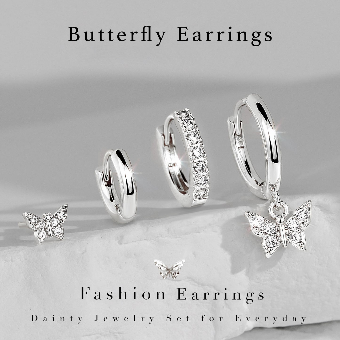 Silver Butterfly Earrings for Women, Huggie Small Stack Cartilage Stud Hoop Earring Sets for Multiple Double Piercing, Conch Helix Rook Tragus Daith Piercing Silver Clip On Jewelry Set Gifts