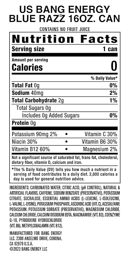 Bang Energy Blue Razz, Sugar-Free Energy Drink, 16-Ounce (Pack of 12)