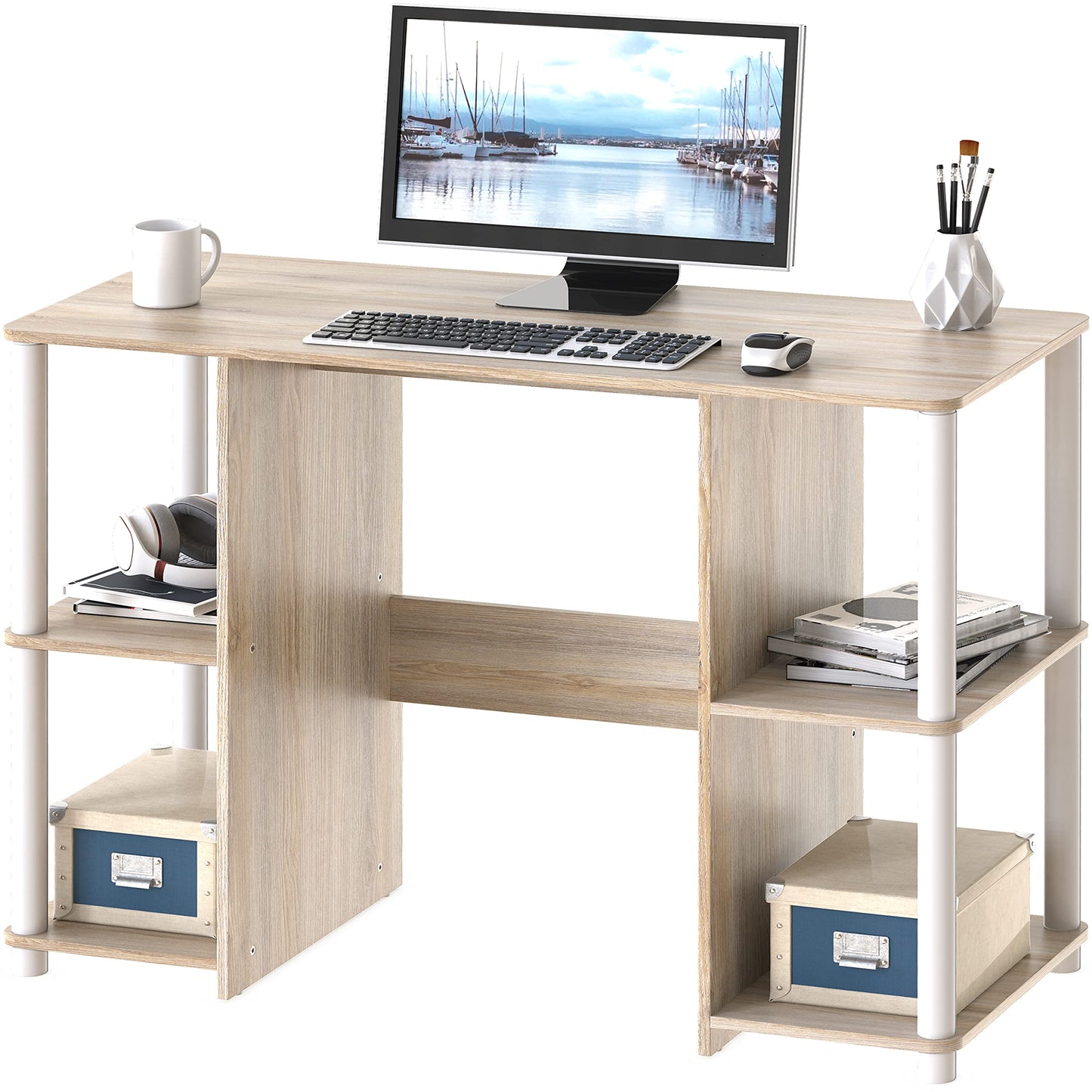 SHW 38-Inch Home Office Wood Desk with Double Sided Shelves, Oak