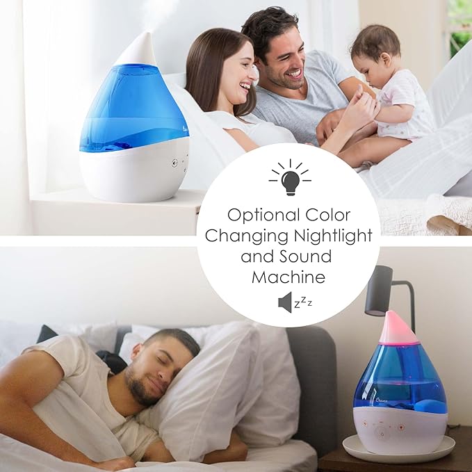 Crane 4-in-1 Drop 2.0 Ultrasonic Cool Mist Humidifier with Sound Machine, Night Light, Aroma Tray, 1 Gallon Top Fill, Blue & White