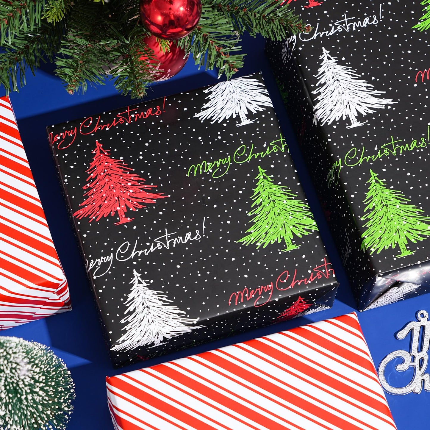 ZINTBIAL Christmas Tree Reversible Wrapping Paper Roll - Gift Wrap with Red & White Stripes on Reverse - Perfect for Holidays, Birthdays, and Halloween - 17.5 in x 33 ft (48 sq. ft)