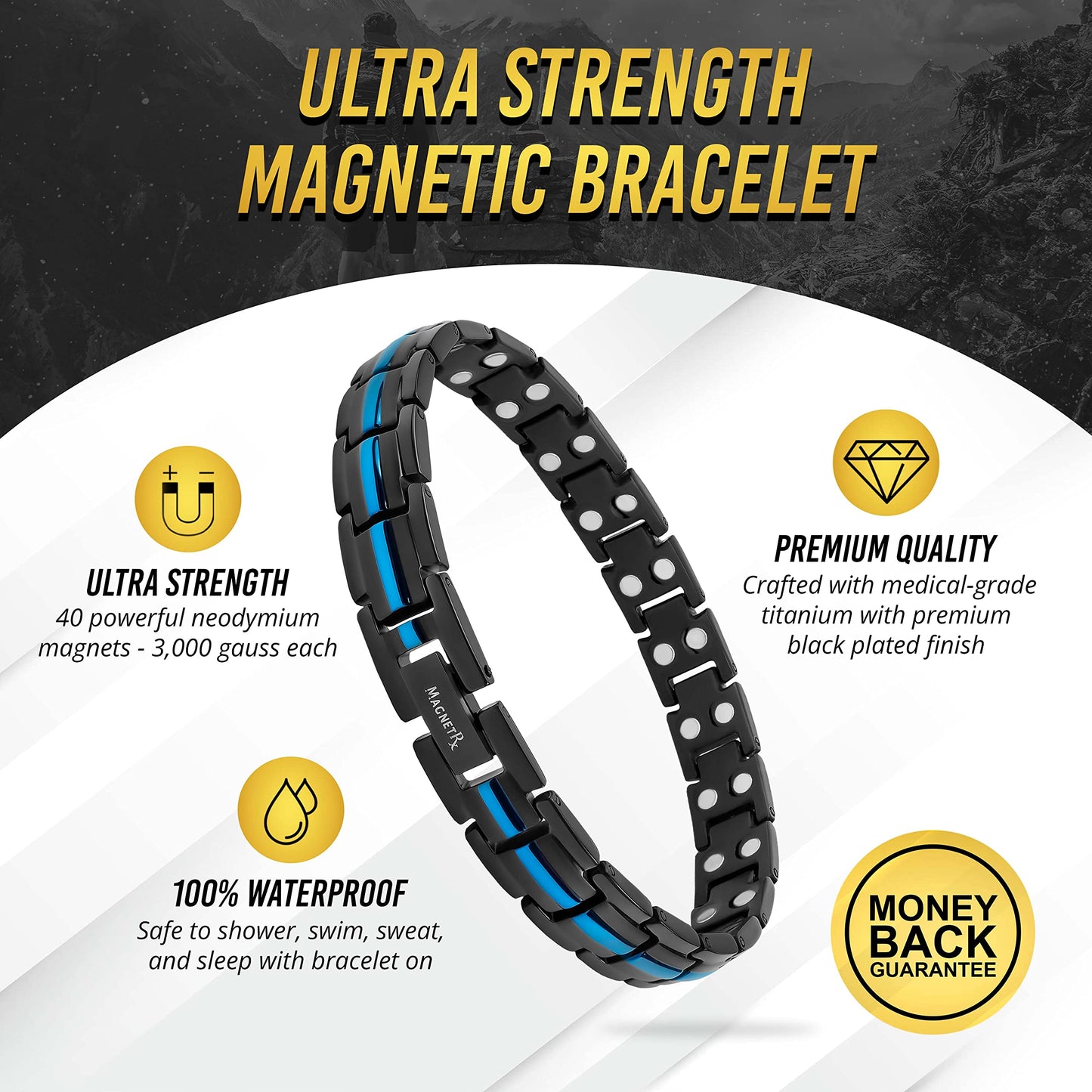 MagnetRX® Thin Blue Line Bracelet for Women - Ultra Strength Magnetic Titanium Bracelets - Adjustable Length & Sizing Tool - Police Support Black and Blue Bracelet (Blue Line)