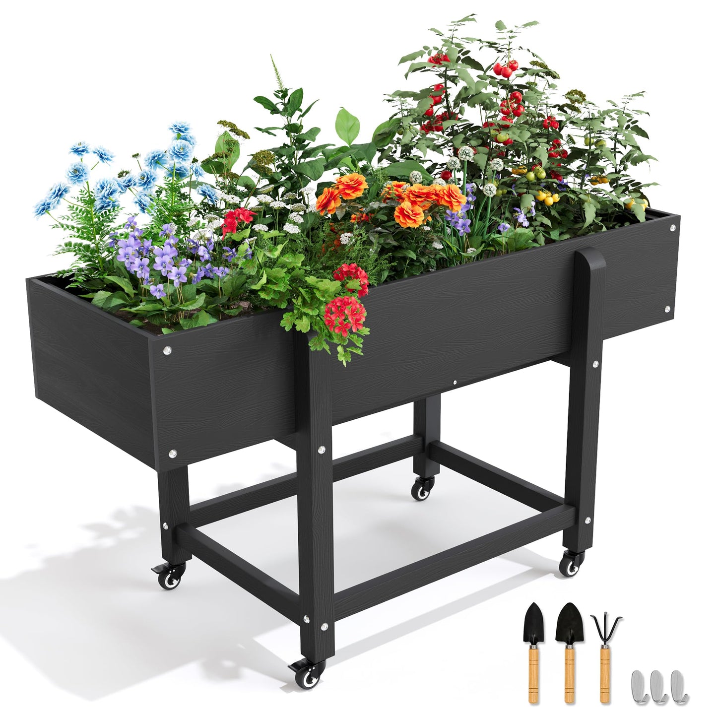 LUE BONA Raised Garden Bed with Wheels, 48 * 16.7 * 28 in, Poly Elevated Outdoor Planter Box with Tools, Weather Resistant, Standing Growing Bed Herb Planter for Vegetable, Flowers, Fruits