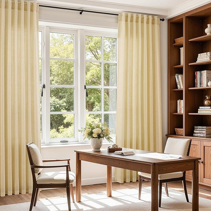 Nanspring Cream Yellow Linen Curtains 63 Inch Length for Living Room Light Filtering Modern Farmhouse Semi Sheer Curtains Back Tab and Rod Pocket Privacy Curtain for Bedroom Office 52x63, 2 Panels