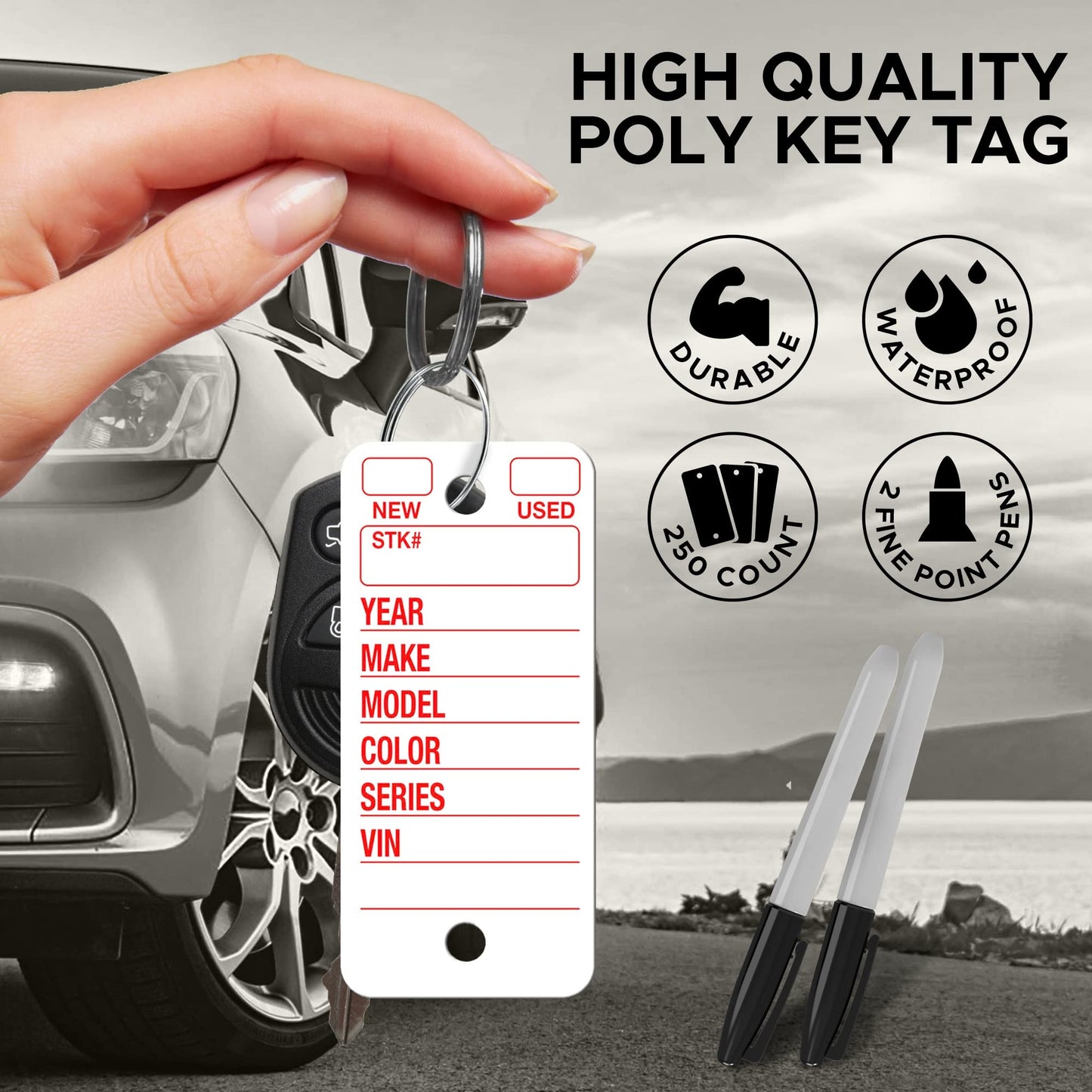 Poly Tag White Key Tags with Ring - 250 Count - Includes Rings and 2 Fine Point Pens - Plastic Car and Automotive Dealer Tags