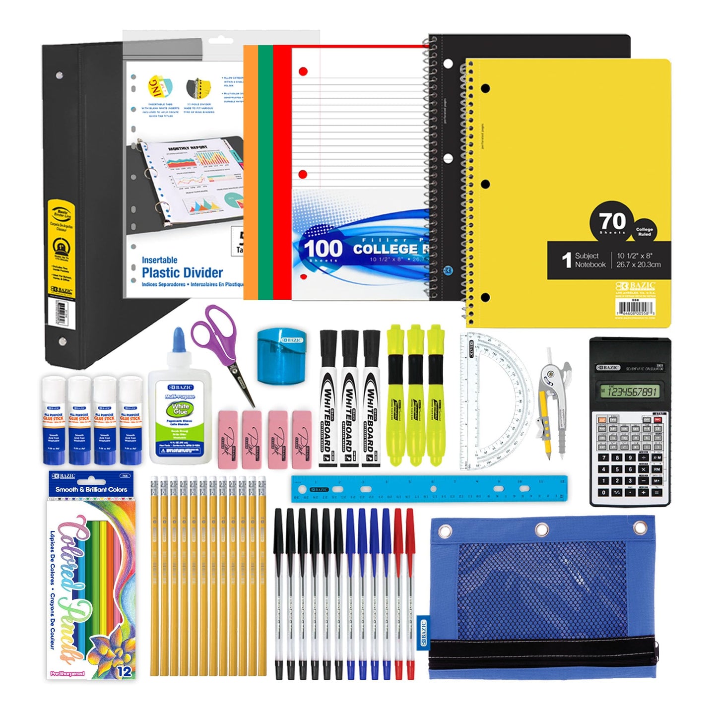 BAZIC PRODUCTS Middle & High School Kit Supply Box, 65-Count Student Set for Grades 7–12, Complete School Supply Kit with Middle School Supplies, Organized Supply Box for Highschool, 1-Pack