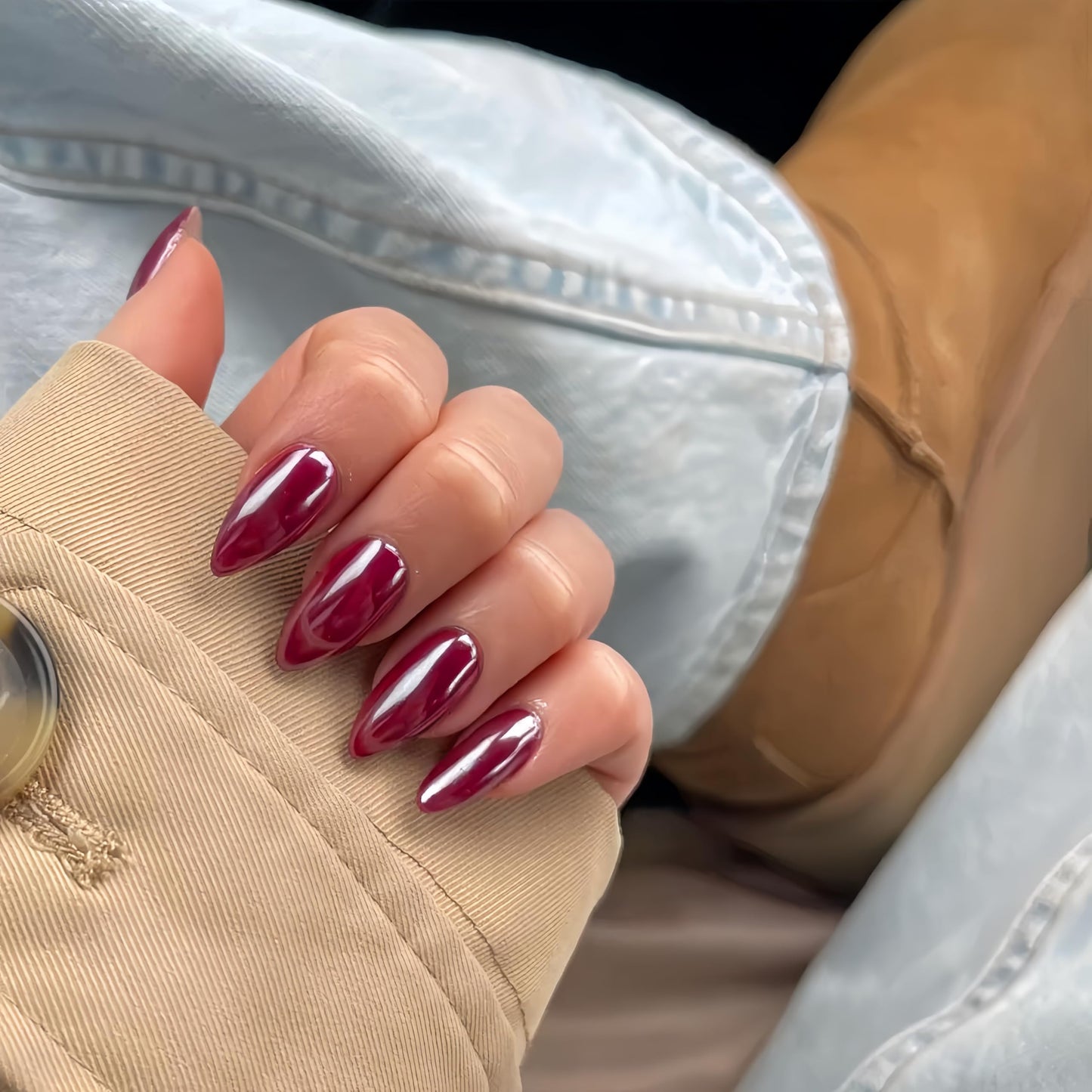 Red Press On Nails Almond - KQueenest Chrome Press On Nails Medium, Sparkle Glazed Fake Nails Press on with Mirror Effect, Cute Glue on Nails Medium Stiletto, Stick On Nails for Women Finger Wear