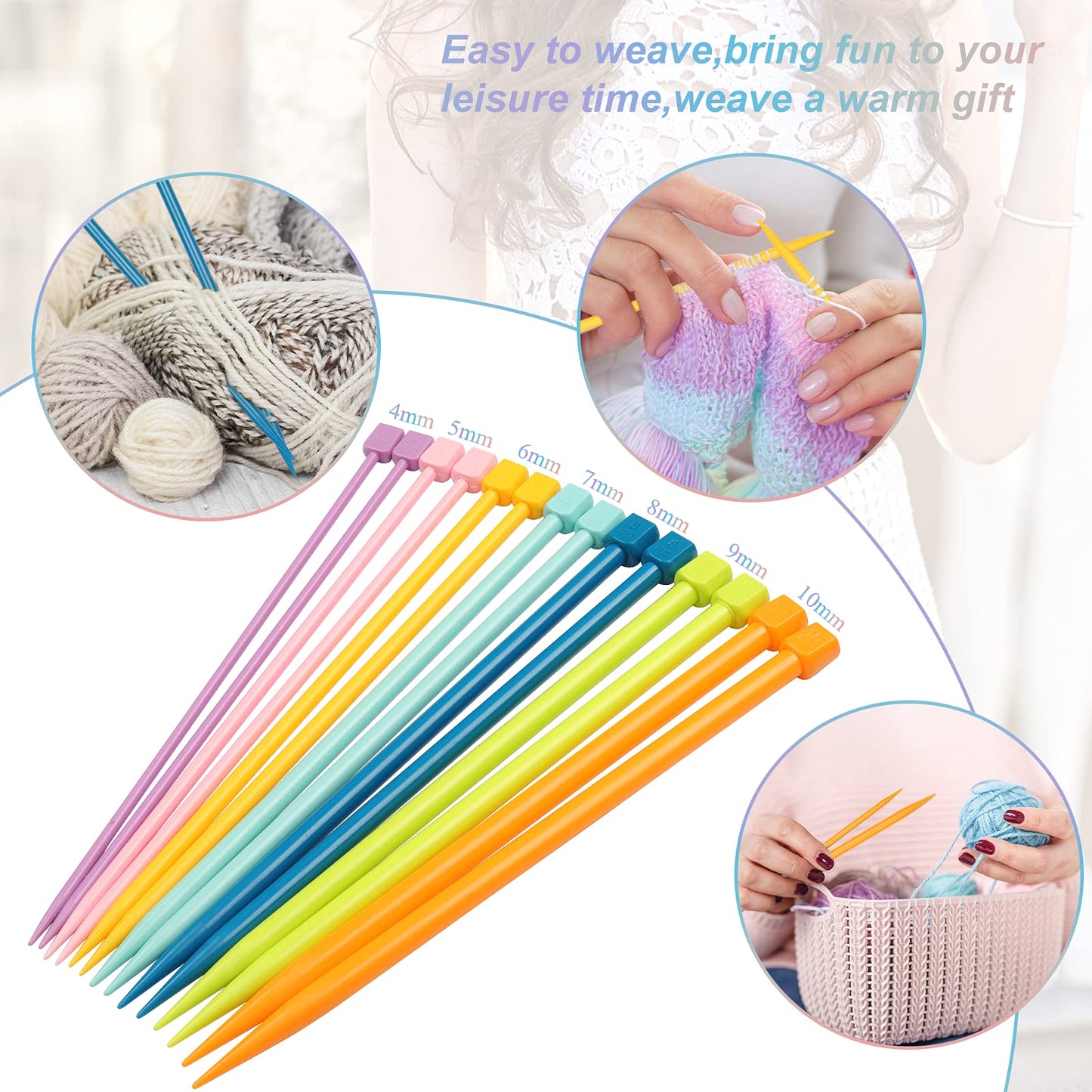 Coopay 14PCS Plastic Knitting Needles for Beginner, 10 inch Long Straight Knitting Needles Single Pointed Needles Colorful Knit Needle Set Knitting Kit DIY Craft Yarn Weaving Tool,4mm to 10mm