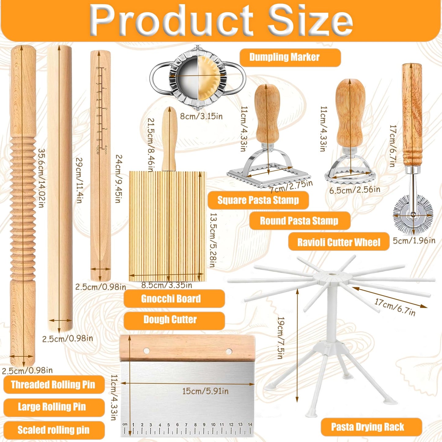 10pcs Pasta Making Tools, Wood Pasta Making Kit with Pasta Drying Rack,Rolling Pins,Gnocchi Board,Dough Cutter,Ravioli Cutter,Pasta Stamps,Making Dumplings .Pasta Making Accessories for Home