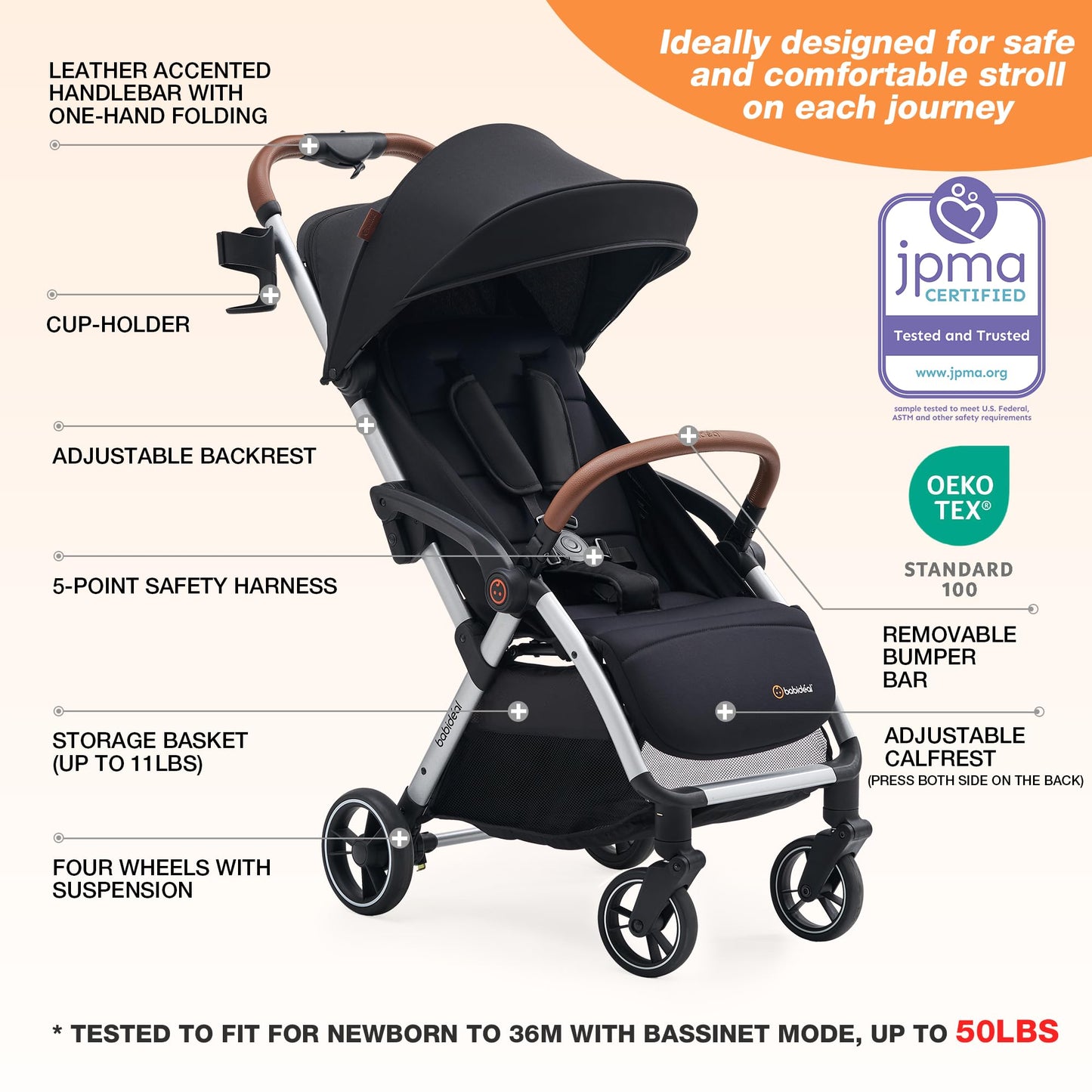 Babideal Lightweight Travel Stroller for Baby, Self-Folding Toddler Stroller with Large Canopy, Full-Reclining Seat, Cup Holder Included - Newborn to 50lbs. (Black)