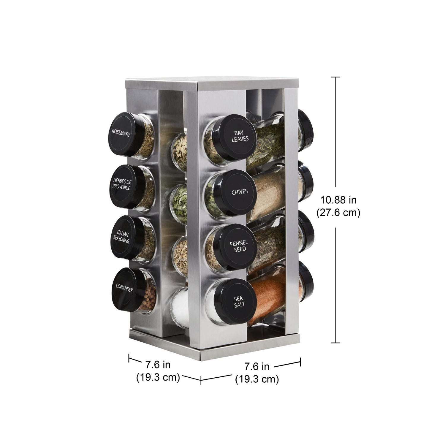 Kamenstein 16 Jar Heritage Revolving Countertop Spice Rack Organizer with Spices Included, FREE Spice Refills for 5 years, Brushed Stainless Steel with Black Caps