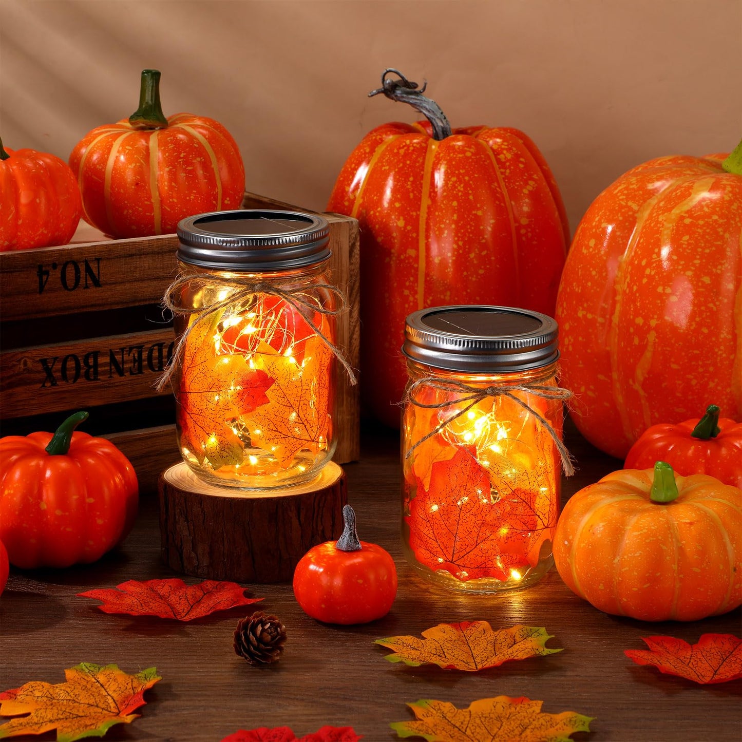 LemonRoad 2 Sets Thanksgiving DIY Craft Kit DIY Glass Mason Jar Solar Lanterns Fall Maple Leaf Table Centerpieces Decoration with Rope Brush Glue for Autumn Party Decor Classroom Activities Crafts