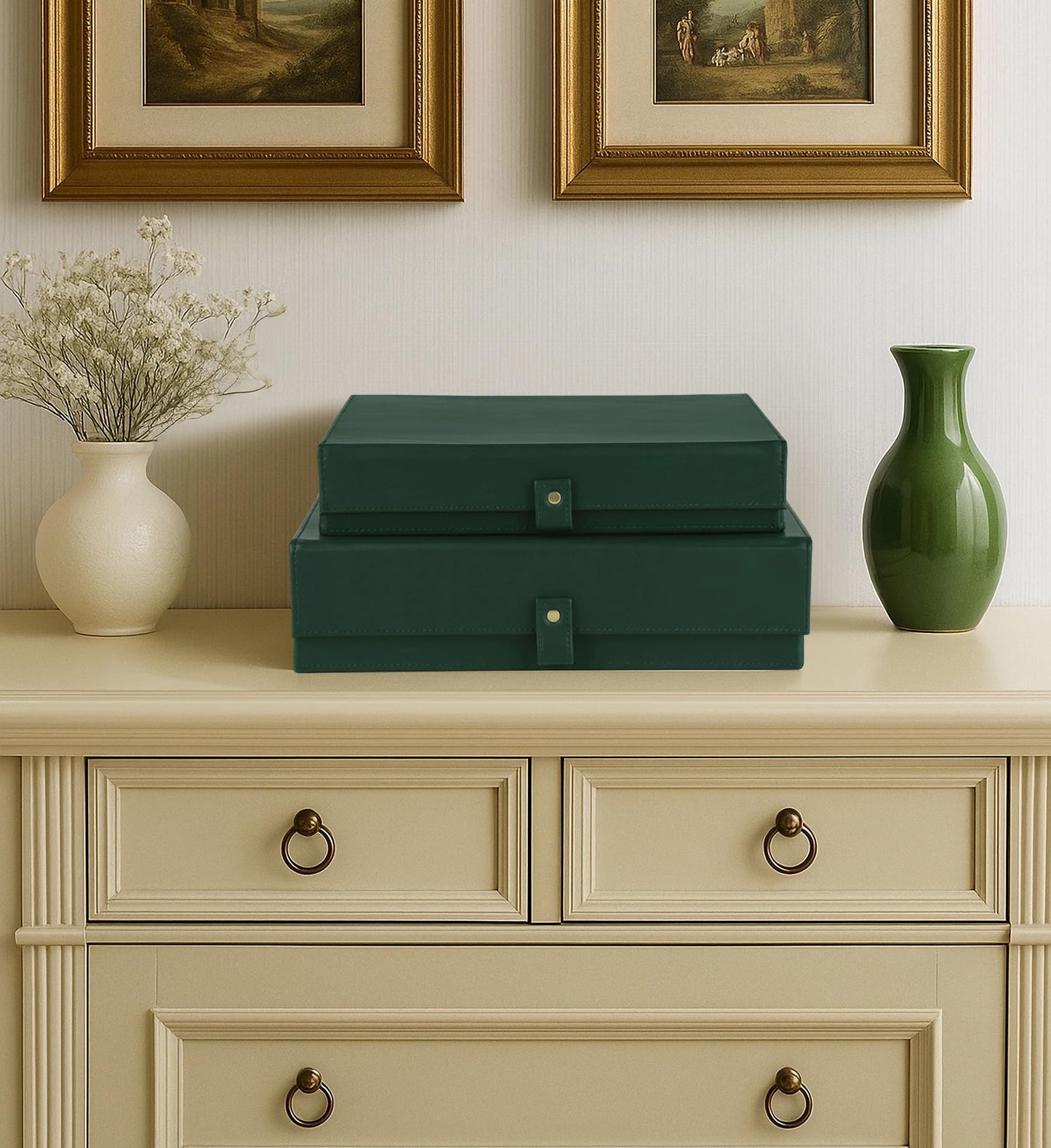 HofferRuffer Photo Storage Boxes with Dust-Proof Lid, Set of 2 Faux Leather Lidded Storage Bins, Photo, Jewelry, Scrapbooking Supplies, Keepsake Organizer for Elegant Home & Office Decor (Green)