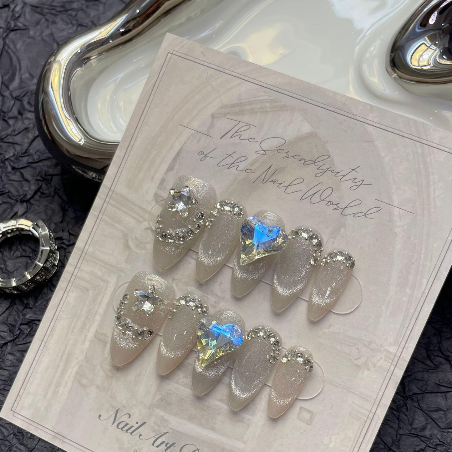 JIEADJIE Press on Nails (100% Handmade), Almonds, Droplet Shaped, Handmade Painted Nail Art by Nail Technician, Daily Version (Heart Almond Cat's Eye, Small), 10 Pieces