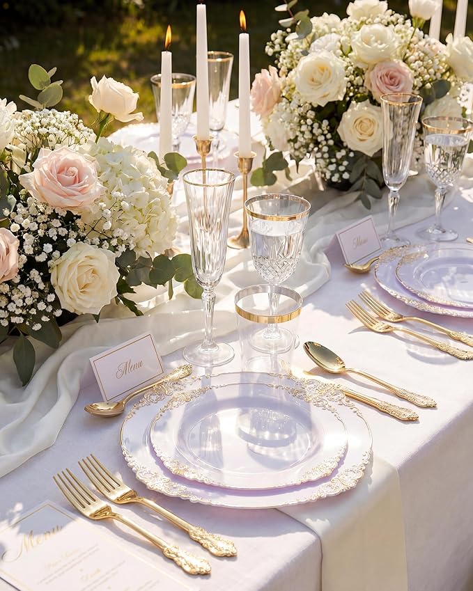 Nervure 100Pcs White and Gold Plastic Plates - 10.25Inch Gold Disposable Plates - Heavyweight Dinner Plate for Wedding & Party