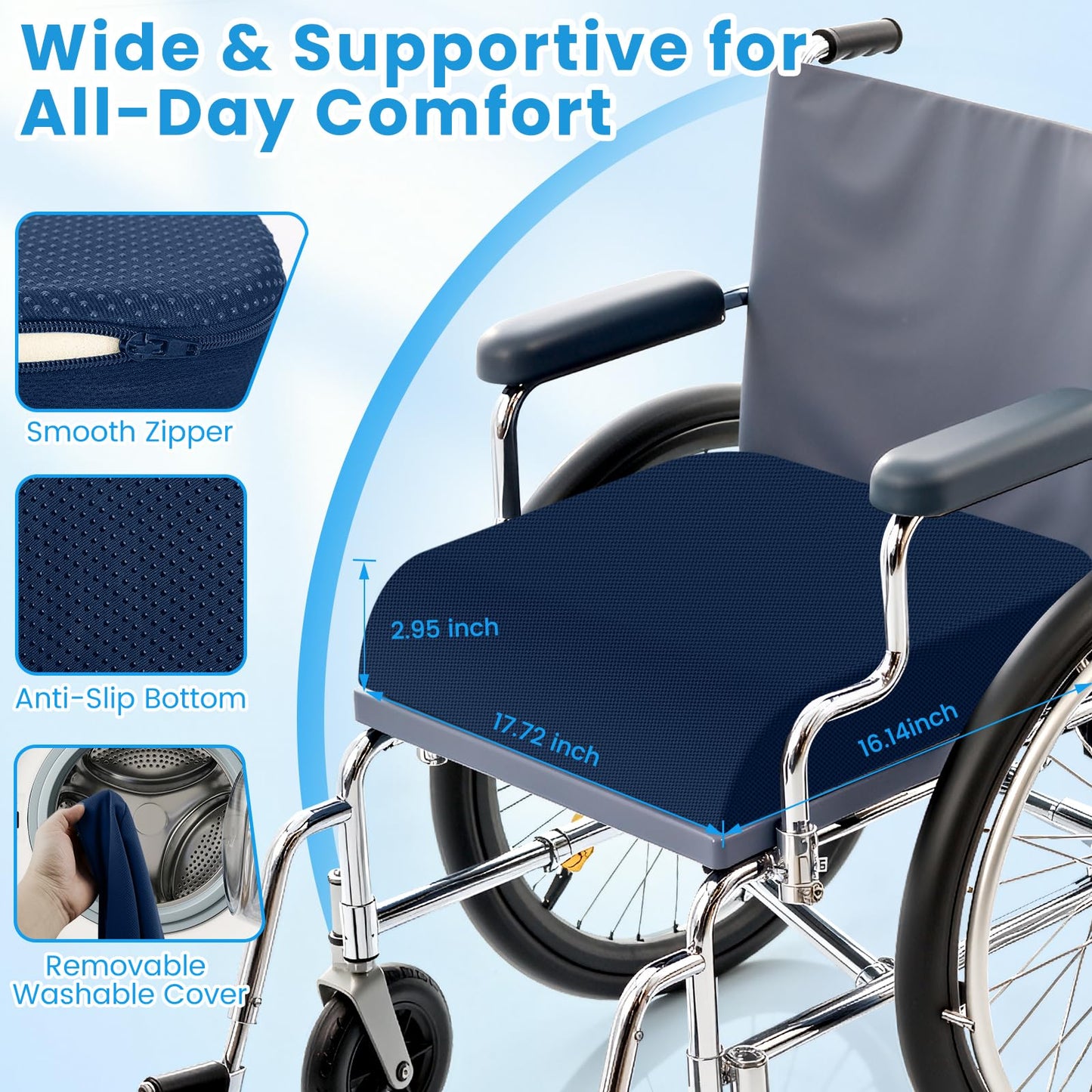 ComfyInLove Wheelchair Seat Cushion - Cooling Gel & Memory Foam Office Chair Cushion with Non-Slip Bottom & Washable Cover, Ergonomic Car Seat Pillow for Sciatica, Tailbone, Back Comfort (Navy Blue)