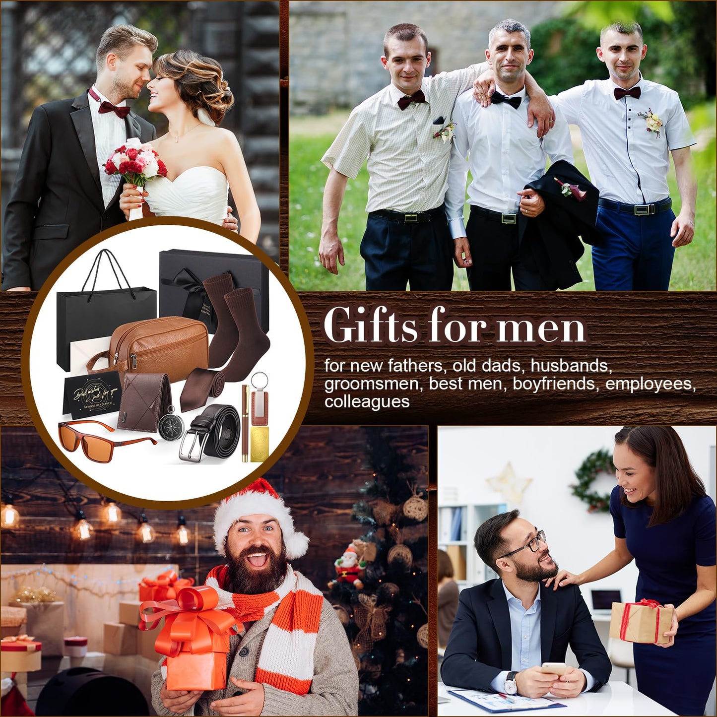 Geyoga 12 Pcs Men Father's Day Birthdays Gift Set with Box for Men Dad Basket PU Leather Wallet Leather Toiletry Bag Tie Socks Belt Keychain Sunglasses Pen Compass Set(Brown)