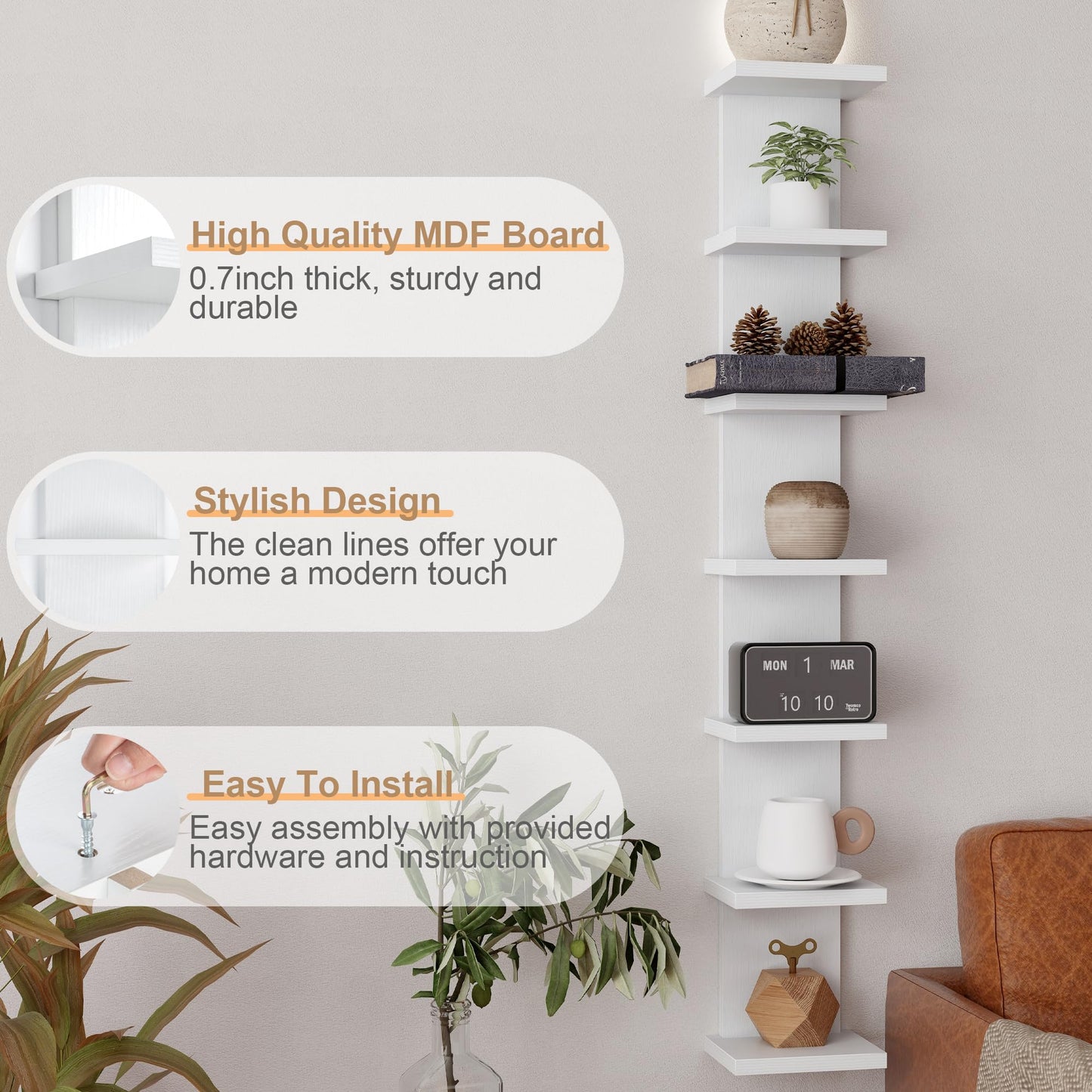 Fun Memories 7 Tier Wall Shelf Unit, White Floating Shelves for Storage - Vertical Column Tower Design, Lack Wall Shelf Space Saving Organizer for Bedroom, Living Room, Home Decor