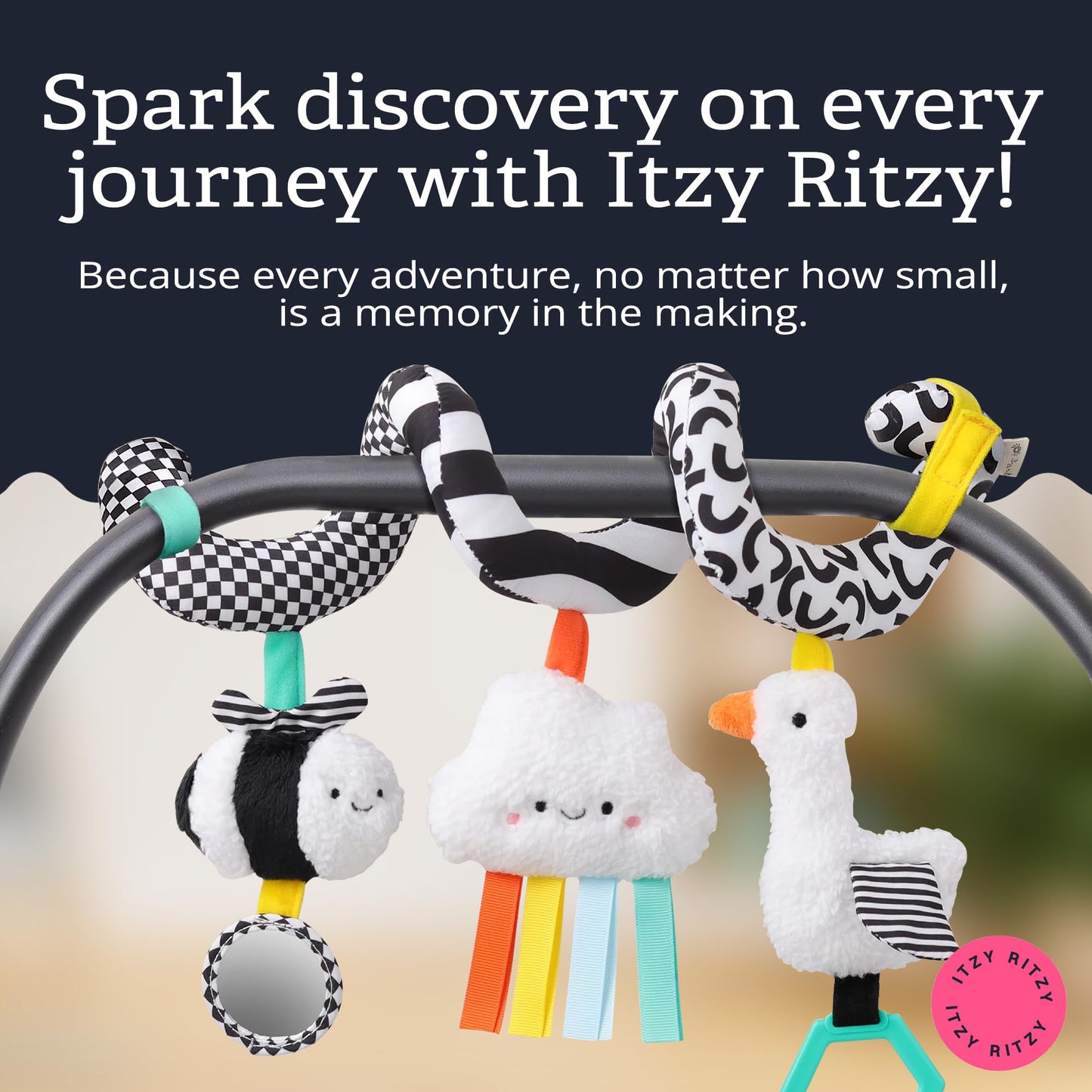 Itzy Ritzy Spiral Car Seat & Stroller Activity Toy - Stroller & Car Seat Toys for Ages 0 Months and Up - Hanging Toys Include Dangling Ring, Mirror and Textured Ribbons (High Contrast)