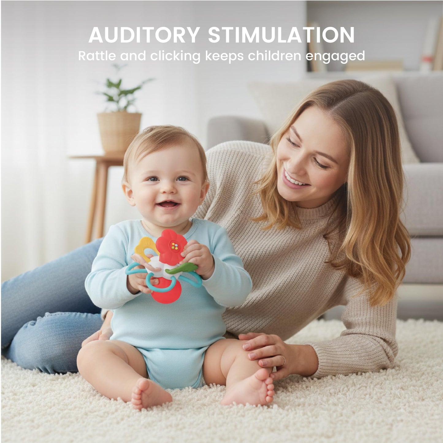 Lulyboo Flower Rattle Teether: BPA-Free Silicone with Textured Petals, Built-in Rattle Beads and 360° Twist. Soft, Flexible Design soothes Gums While Supporting Sensory and Motor Skill Development
