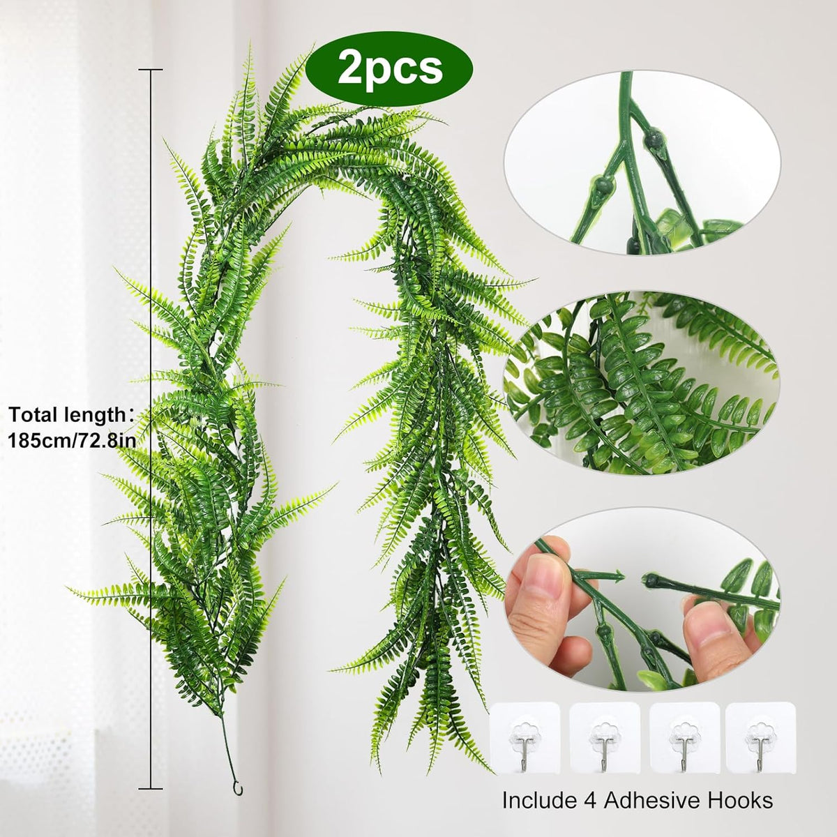 RECUTMS 2pcs Artificial Hanging Boston Ferns Garland Fake Hanging Plant 6 FT Greenery Leaves Ivy Garland Faux Ferns Fake Vines for Outdoor Indoor Home Garden Decoration Party Table Wall Decoration
