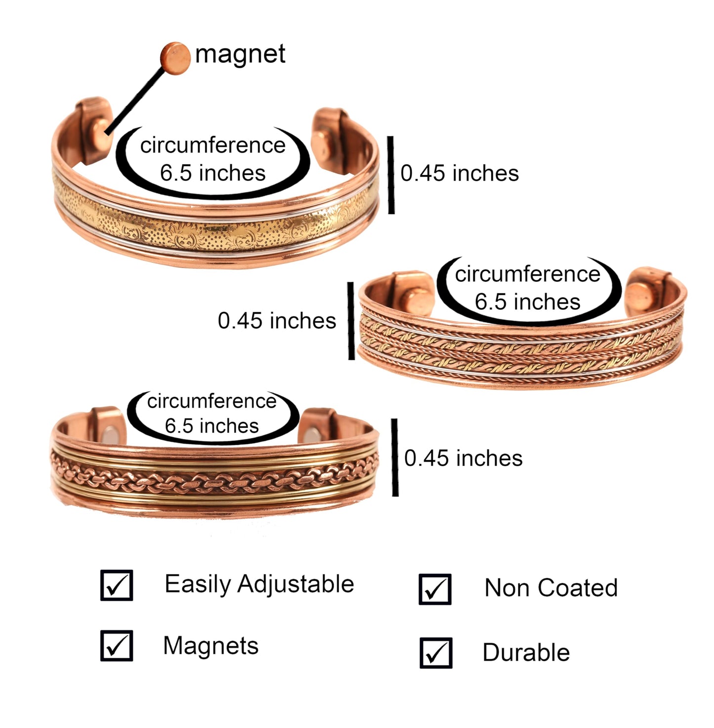Touchstone copper bracelets | gift for men women |adjustable 100% pure solid real magnetic jewelry | handmade bracelet set combo | rope braided tibetan bangles. Set of 3 different designs