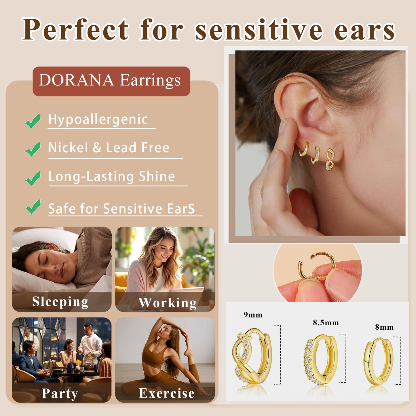 DORANA 3 Pair Small Gold Hoop Earrings Set for Women 925 Sterling Silver Huggie Earrings Non Tarnish Small Cartilage Hoops Stackable Earring Stacks Sets for Multiple Piercing