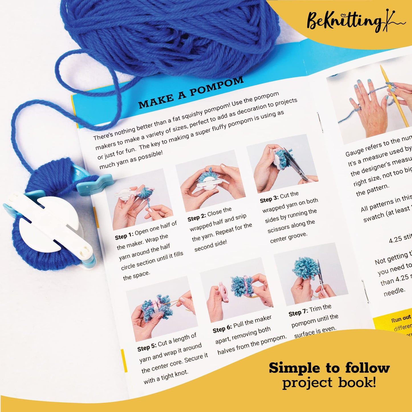 BeKnitting Knitting Kit for Beginners Adults & Kids - Learn to Knit - Yarn, Pompom Makers, Needles & Other Supplies | Holiday Gifts, Gift-Ready Box