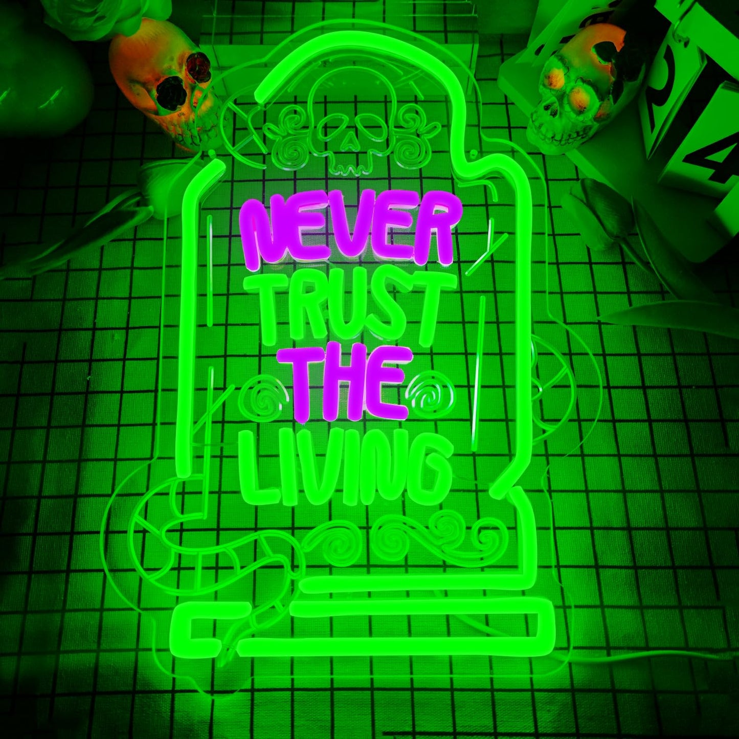Never Trust The Living Neon Sign Led Sign for Wall Decor Dimmable USB Powered Letters Light Up Sign For Party Chamber of Secrets Script killing Terror House Man Cave Decor