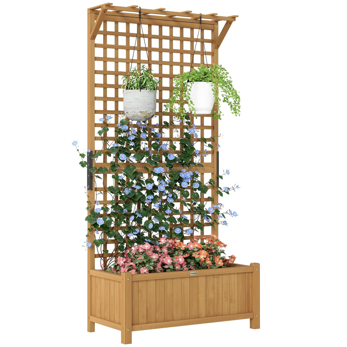 Outsunny Wood Planter with Trellis, Raised Garden Bed for Climbing Plants w/Drainage Holes and Roof, 35.5" x 17.75" x 72", Yellow