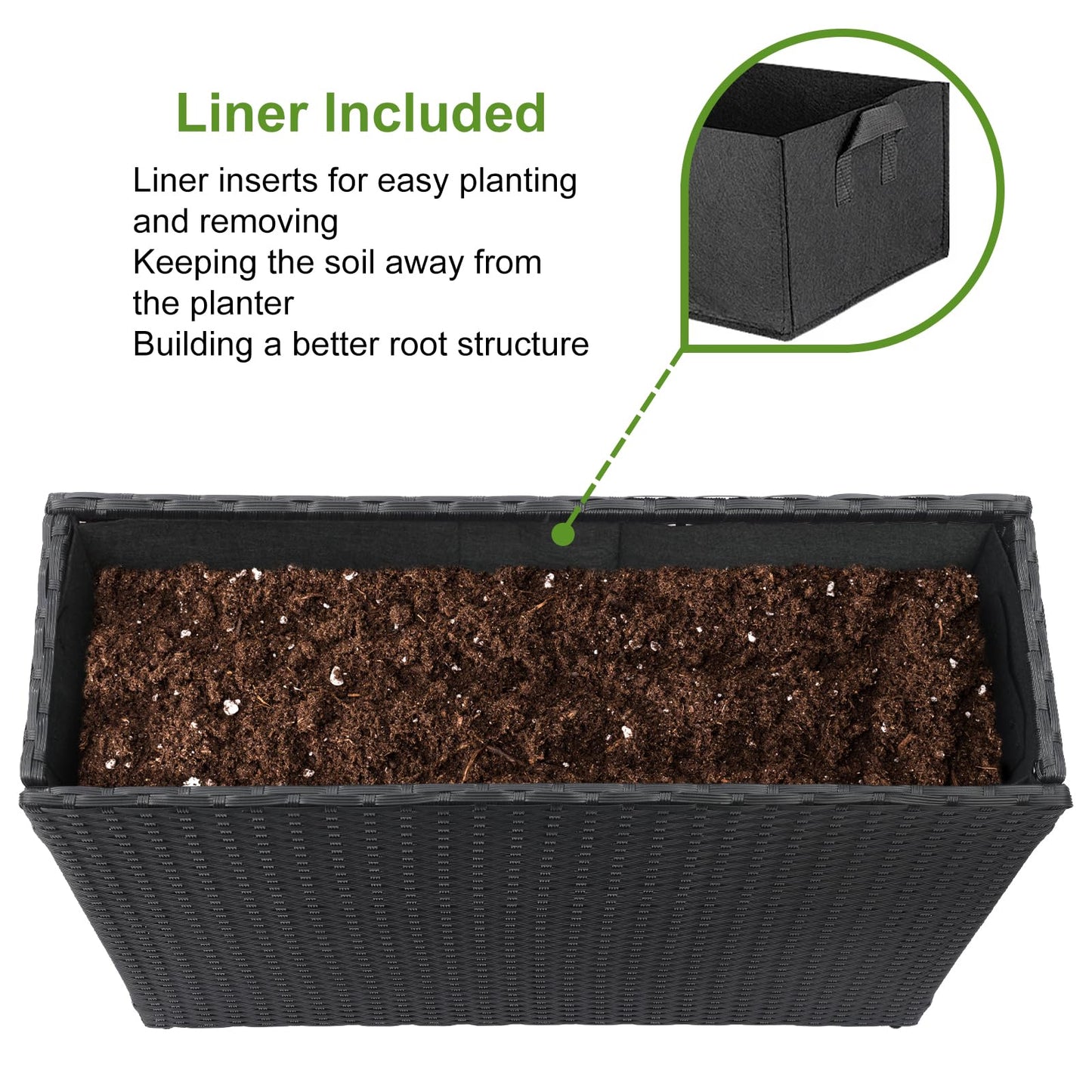 LEWIS&WAYNE Tall Planters for Outdoor Plants Handmade Wicker Large Rectangular Block Planter Box with Removable Liners Modern Planter for Indoor Outdoor Patio Deck - Black