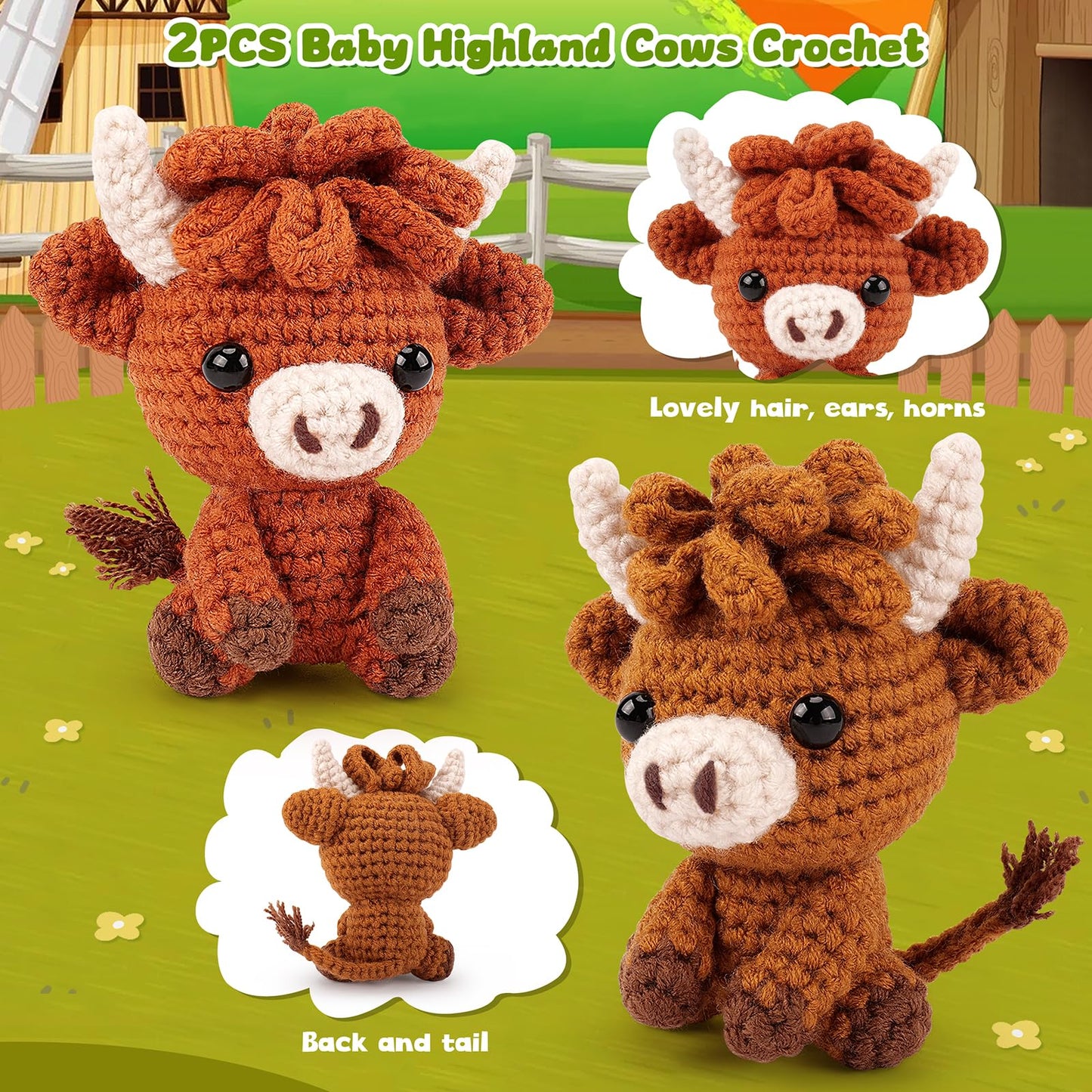 Highland Cow Crochet Kit for Beginners - 2PCS Animals Crochet Kit with Step-by-Step Video Tutorials, Highland Cows Crocheting Kit, Crochet Starter Kit for Adults, Animal Knitting Kit for Birthday