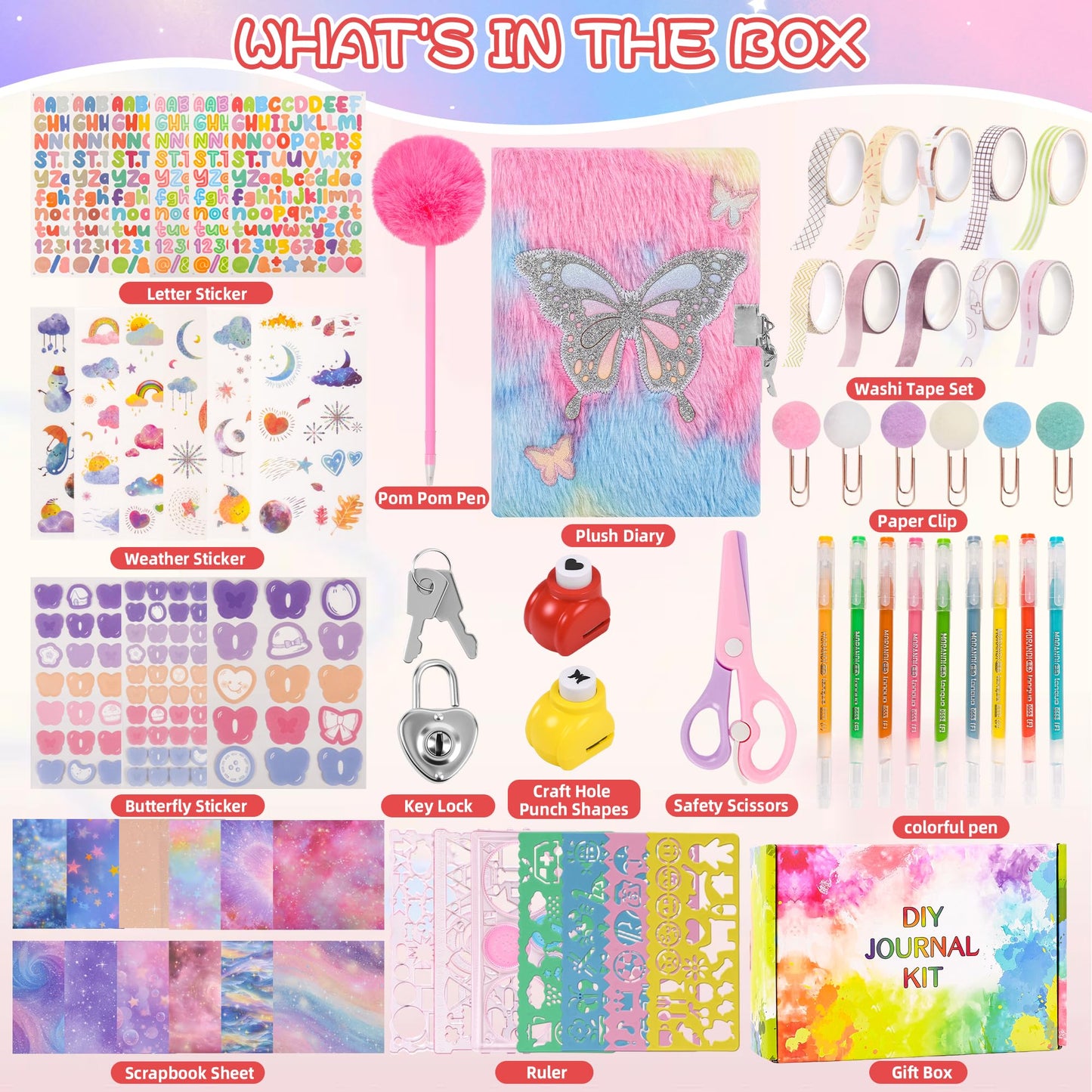 LiYiQ Plush Butterfly Diary Gift Travel Journal Secret Diary with Scrapbook Paper Stickers Journal Stencils Pompom Pen and Washi Tape Practical Set Gift for Birthday Christmas