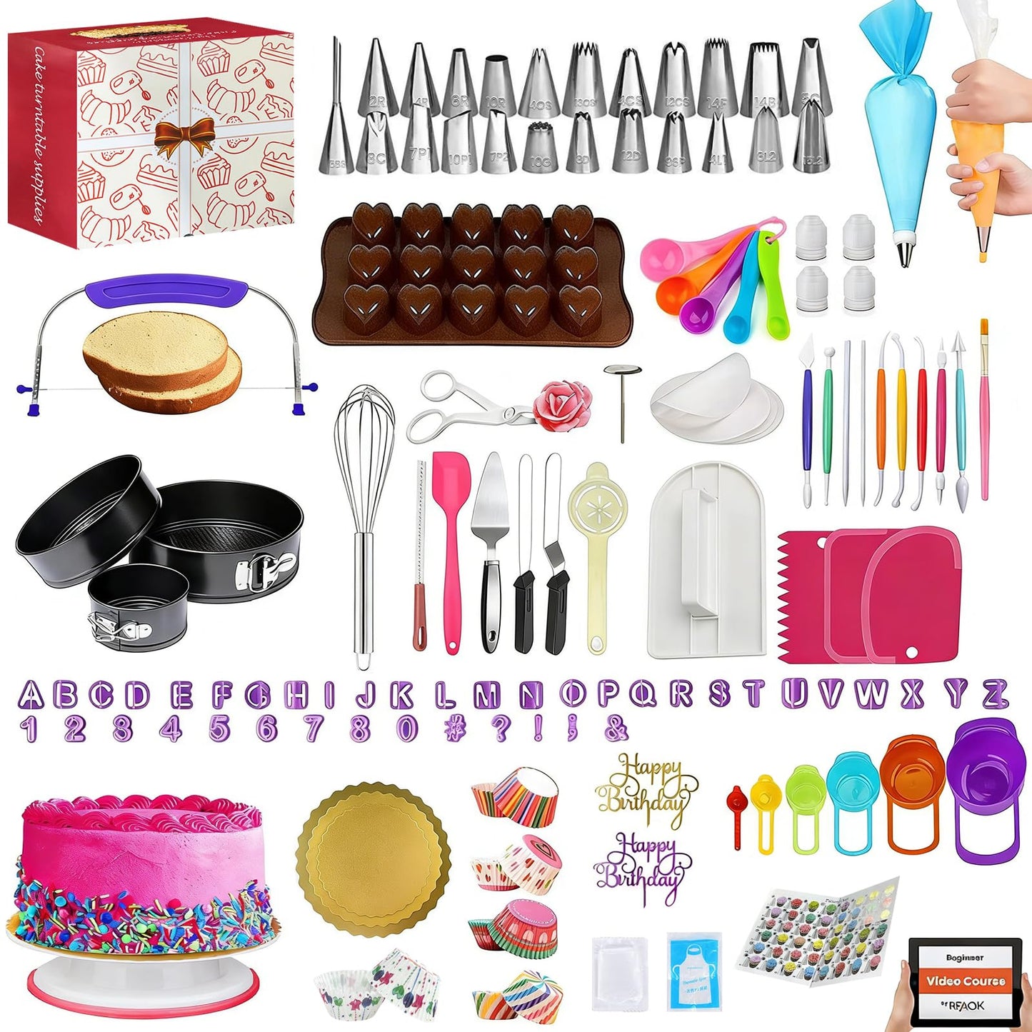 720PCS Cake Decorating Kit with Baking Supplies - Cake Turntable for Decorating with Baking Pans, Leveler, 24 Numbered Piping Tips, 2 Spatulas, Fondant Tools, Video Course, Pattern Chart & More