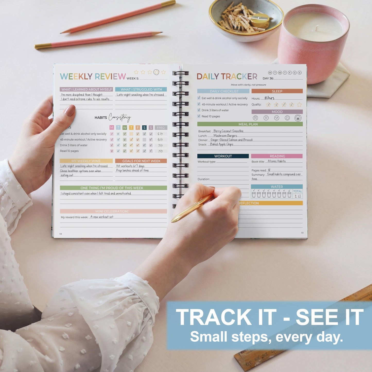 HAMIEW 75 Soft Challenge Journal - A5 Spiral 75-Day Habit Tracker Planner, 108-Page Full-Color Daily Logs, Weekly Reviews, Meal Water Workout Reading Tracker
