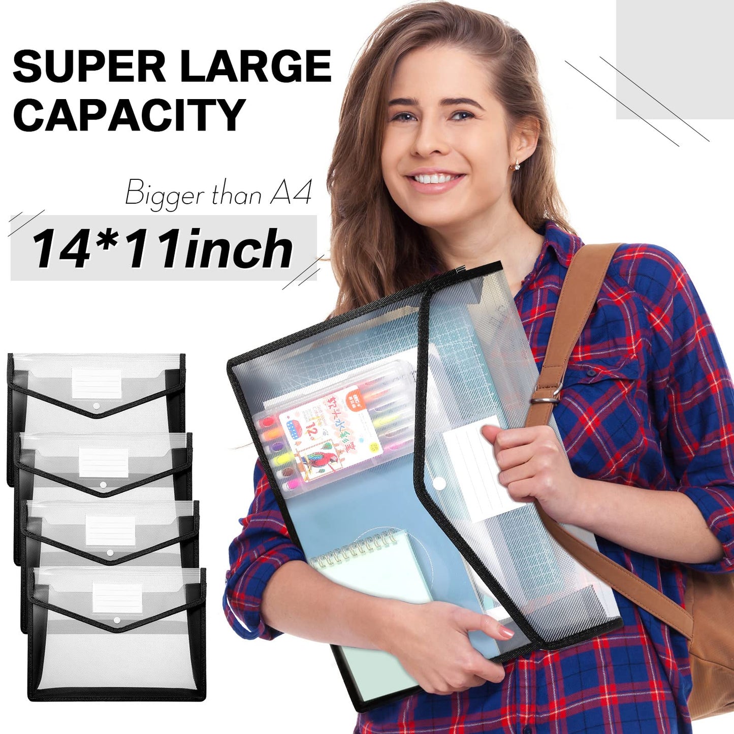 10 Pieces Plastic File Folders Envelope Expanding File Wallet Organizer Documents Folder with Snap Closure and Pocket B4 Waterproof Transparent Pouch for School Office(Black, White,Horizontal)
